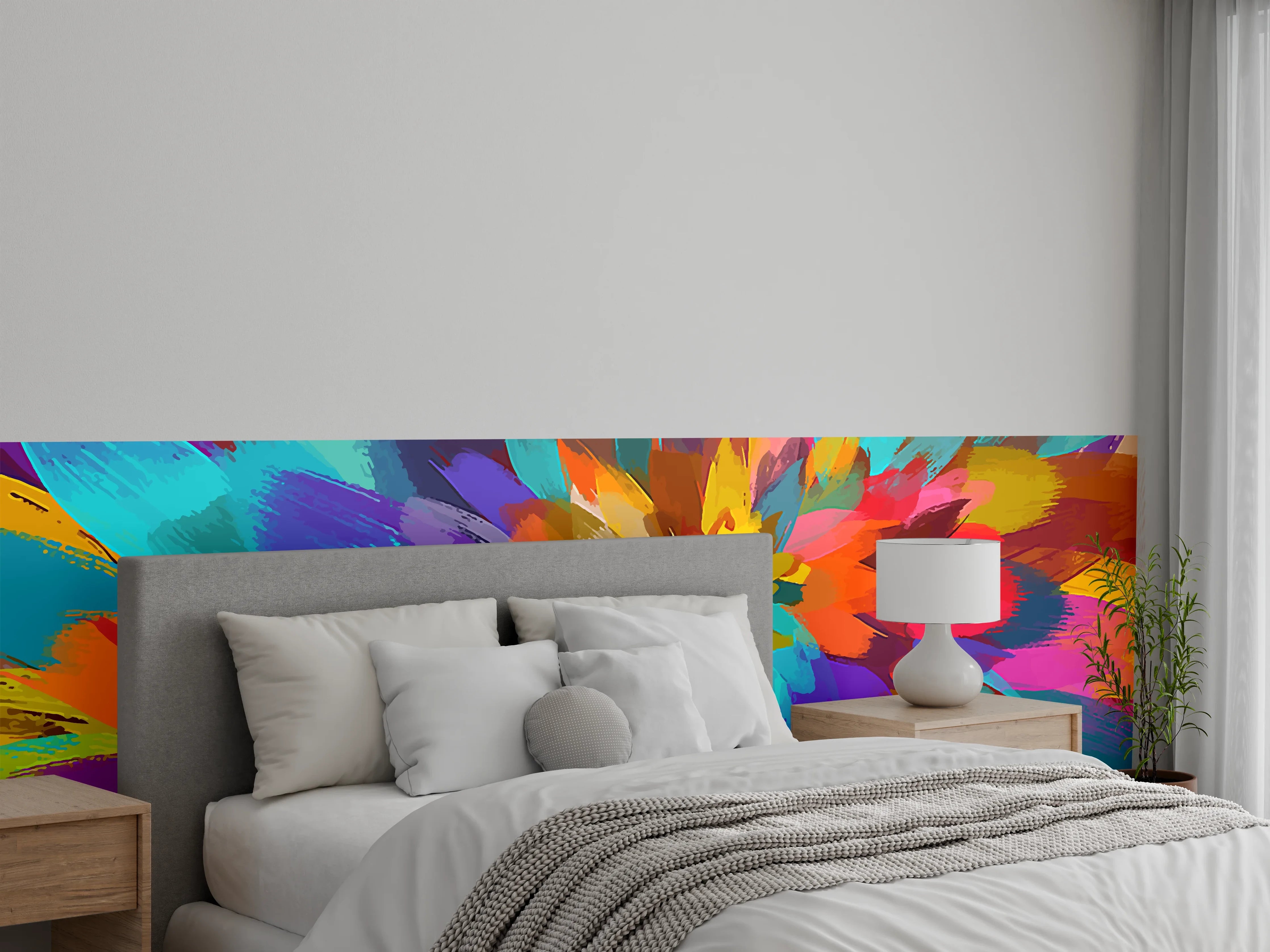Wandverkleidung Schlafzimmer - Abstrakte bunte Blumenexplosion