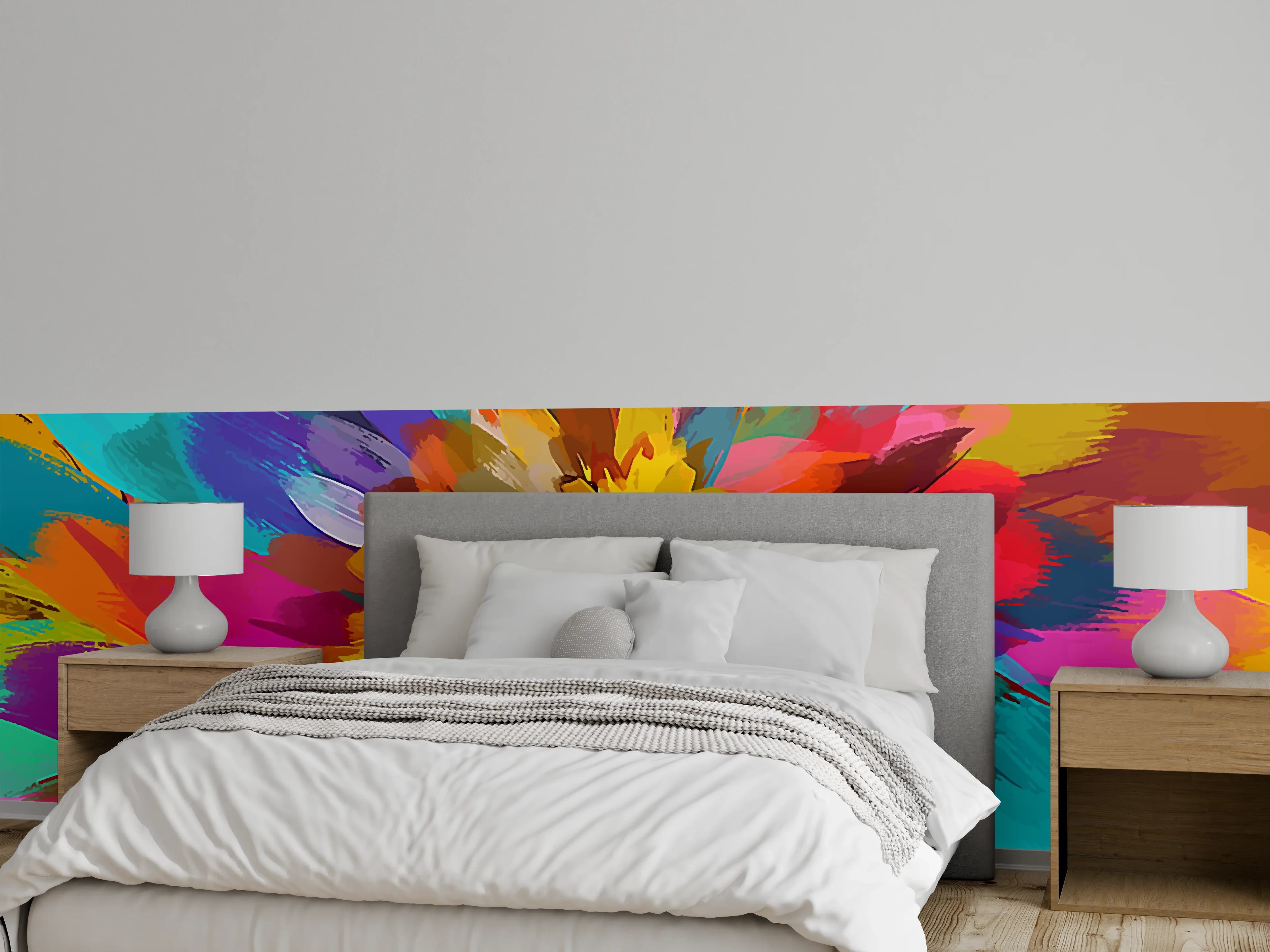 Wandverkleidung Schlafzimmer - Abstrakte bunte Blumenexplosion