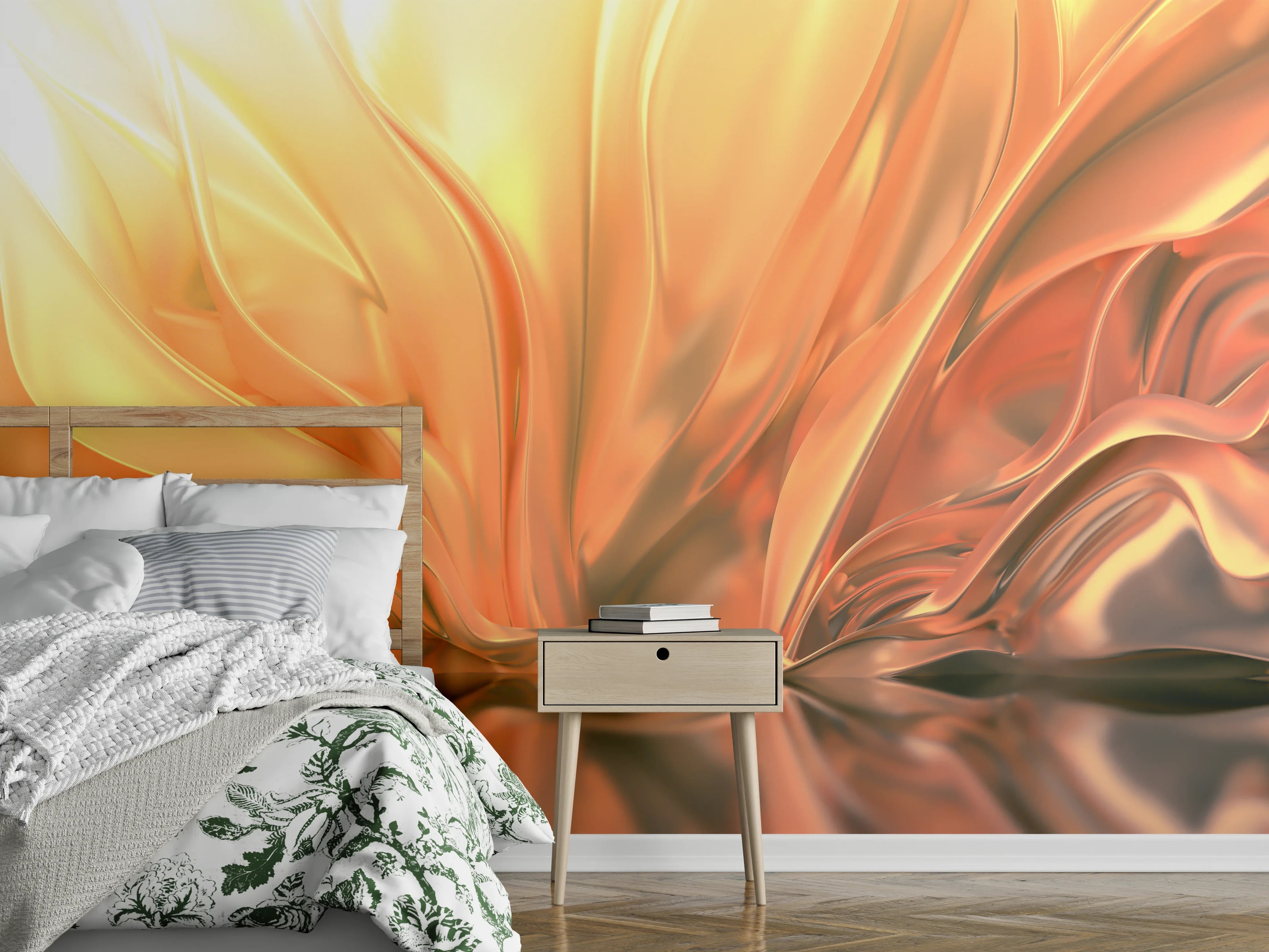 Wandverkleidung Schlafzimmer - Abstrakte goldene Blütenwellen