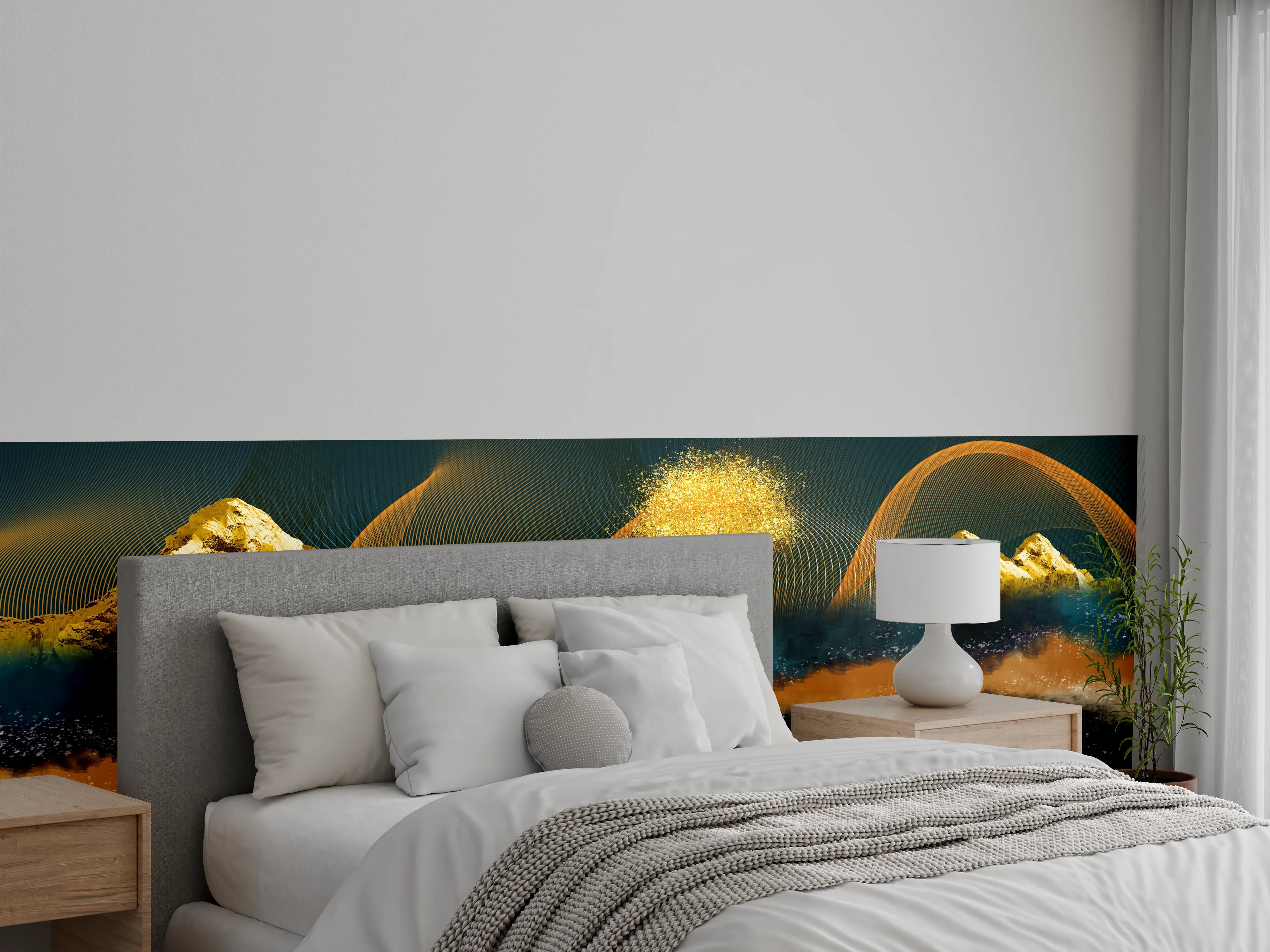 Wandverkleidung Schlafzimmer - Abstrakte goldene Landschaft auf dunklem Grund