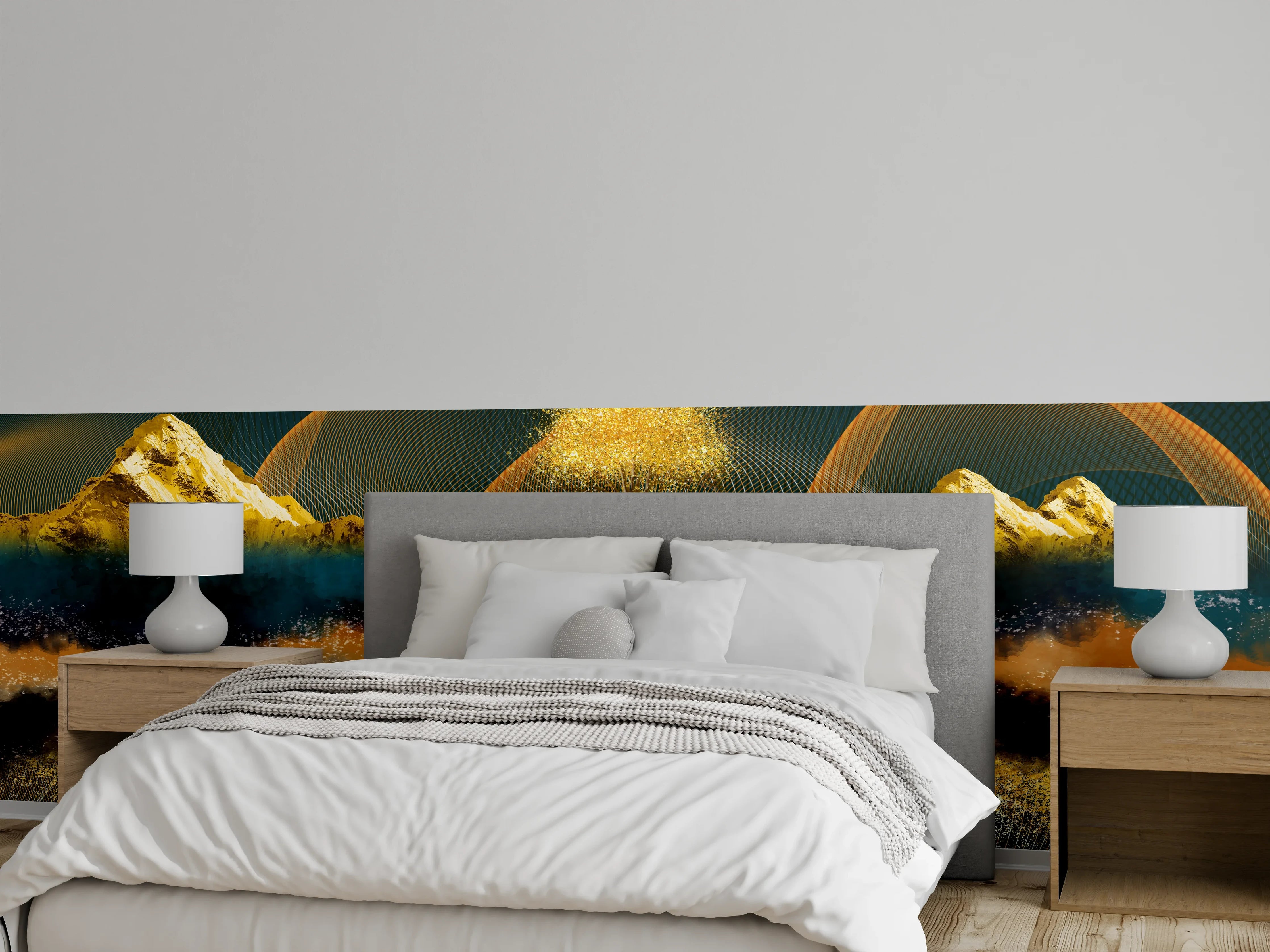 Wandverkleidung Schlafzimmer - Abstrakte goldene Landschaft auf dunklem Grund