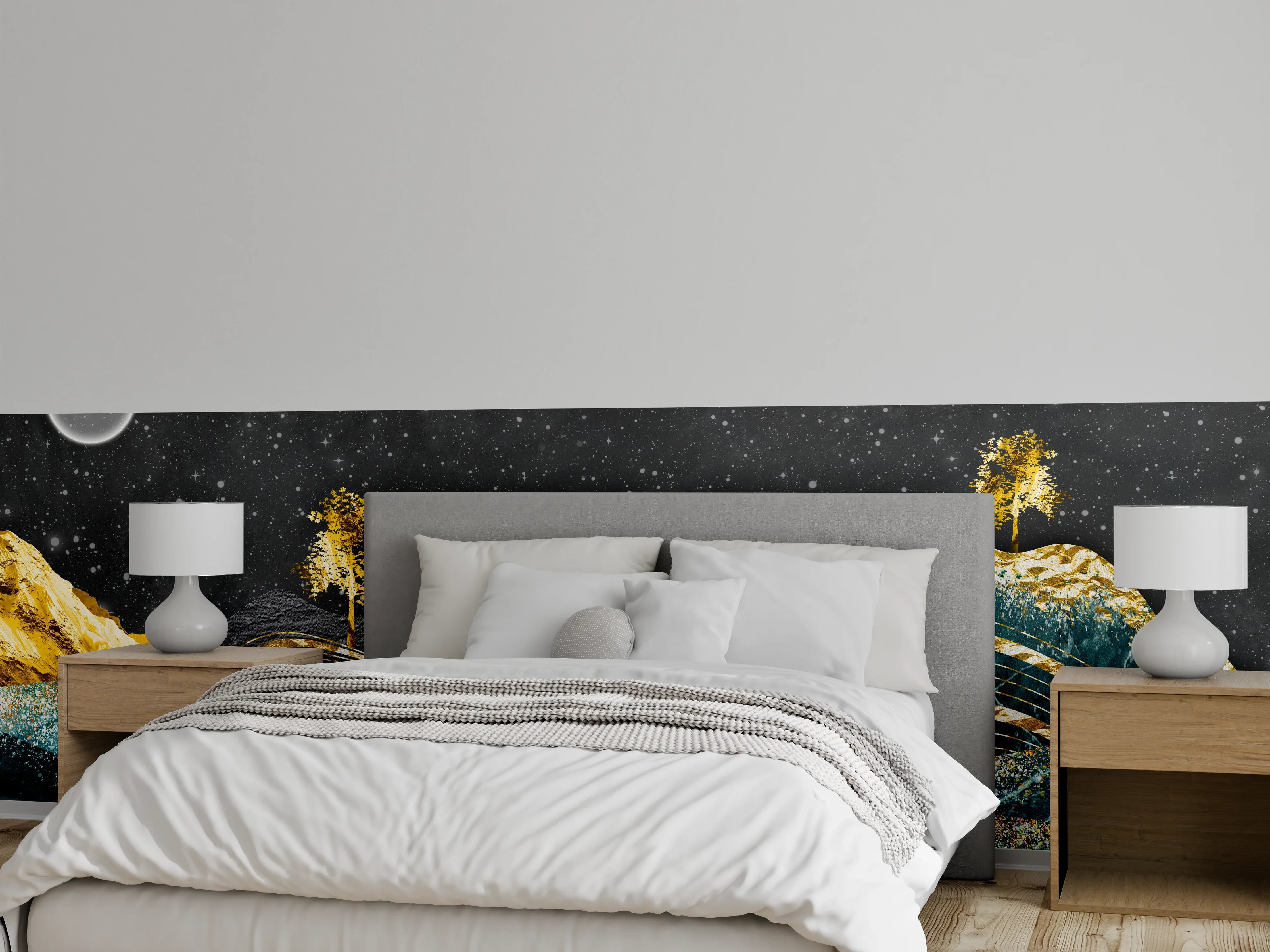 Wandverkleidung Schlafzimmer - Abstrakte goldene Landschaft nachts
