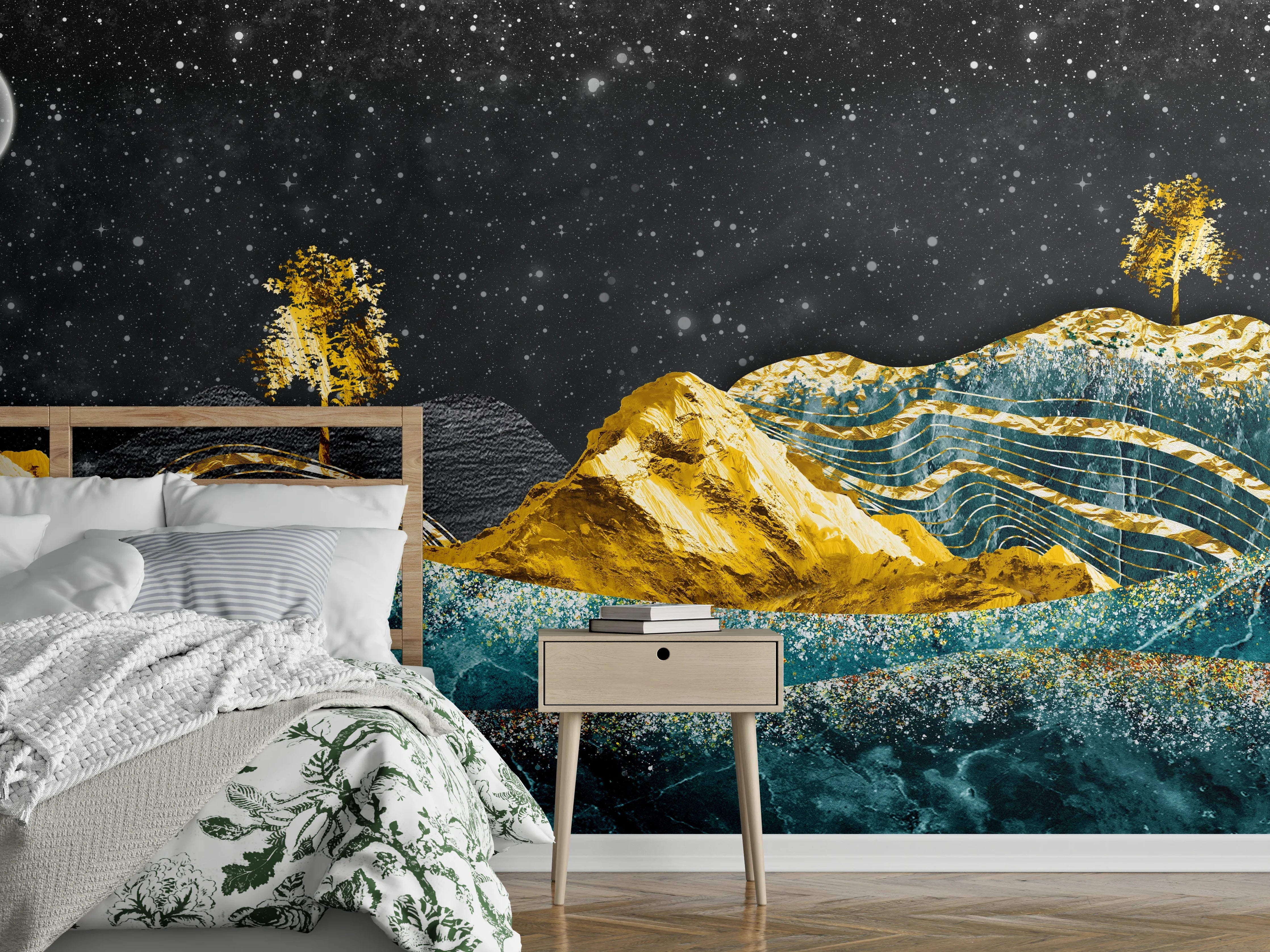 Wandverkleidung Schlafzimmer - Abstrakte goldene Landschaft nachts