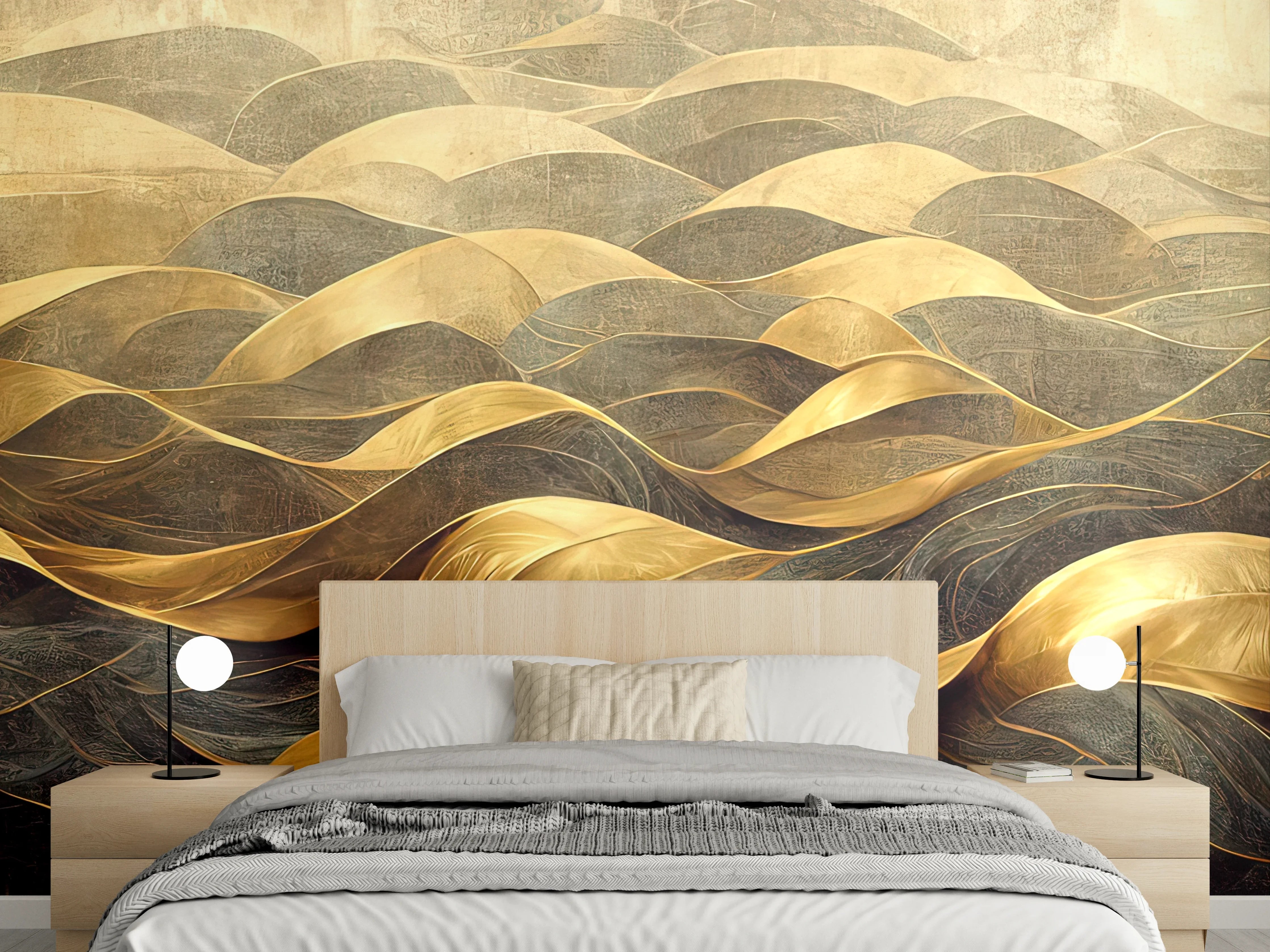 Wandverkleidung Schlafzimmer - Abstrakte goldene Wellen – Elegante Wandkunst