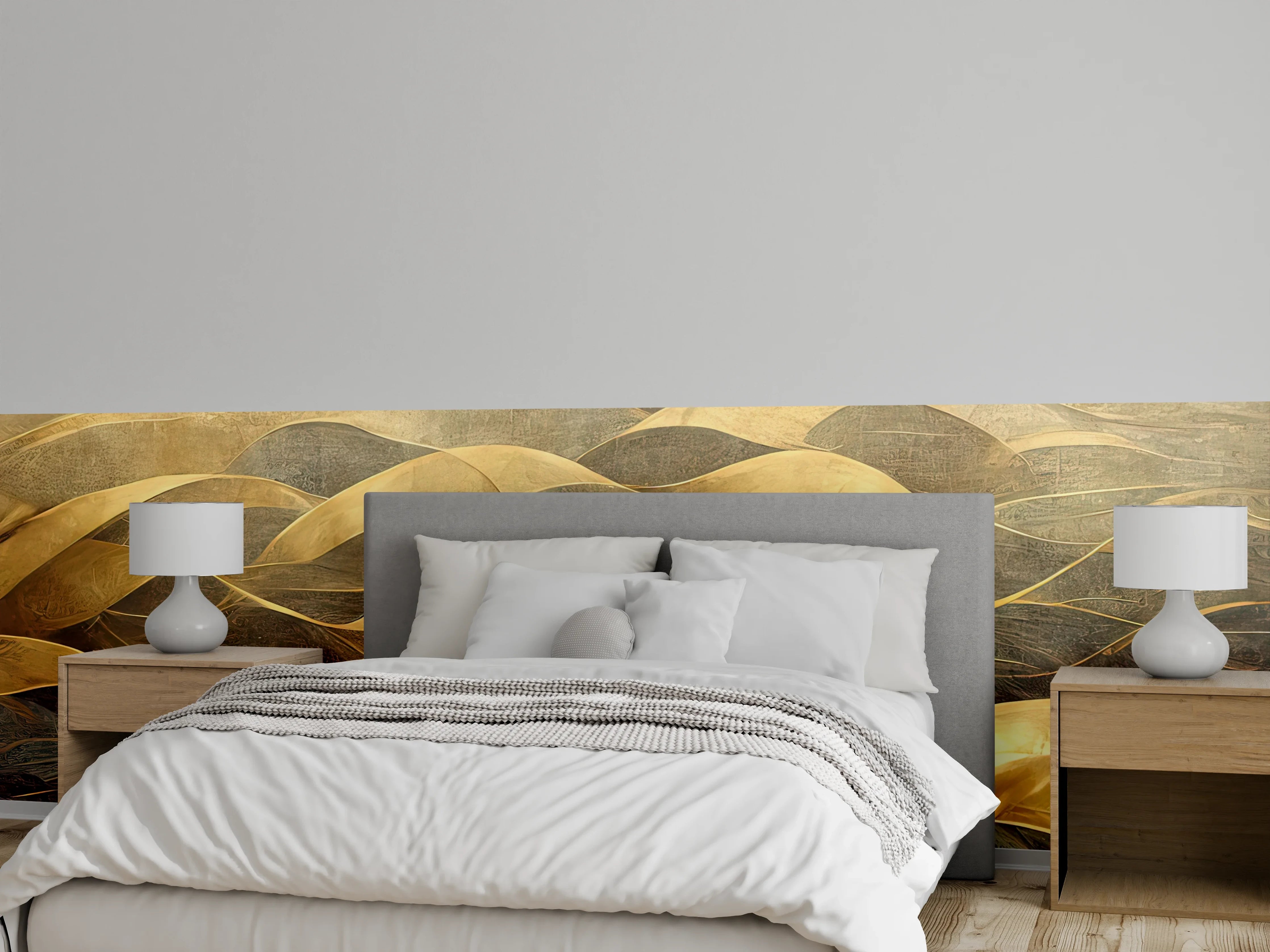Wandverkleidung Schlafzimmer - Abstrakte goldene Wellen – Elegante Wandkunst