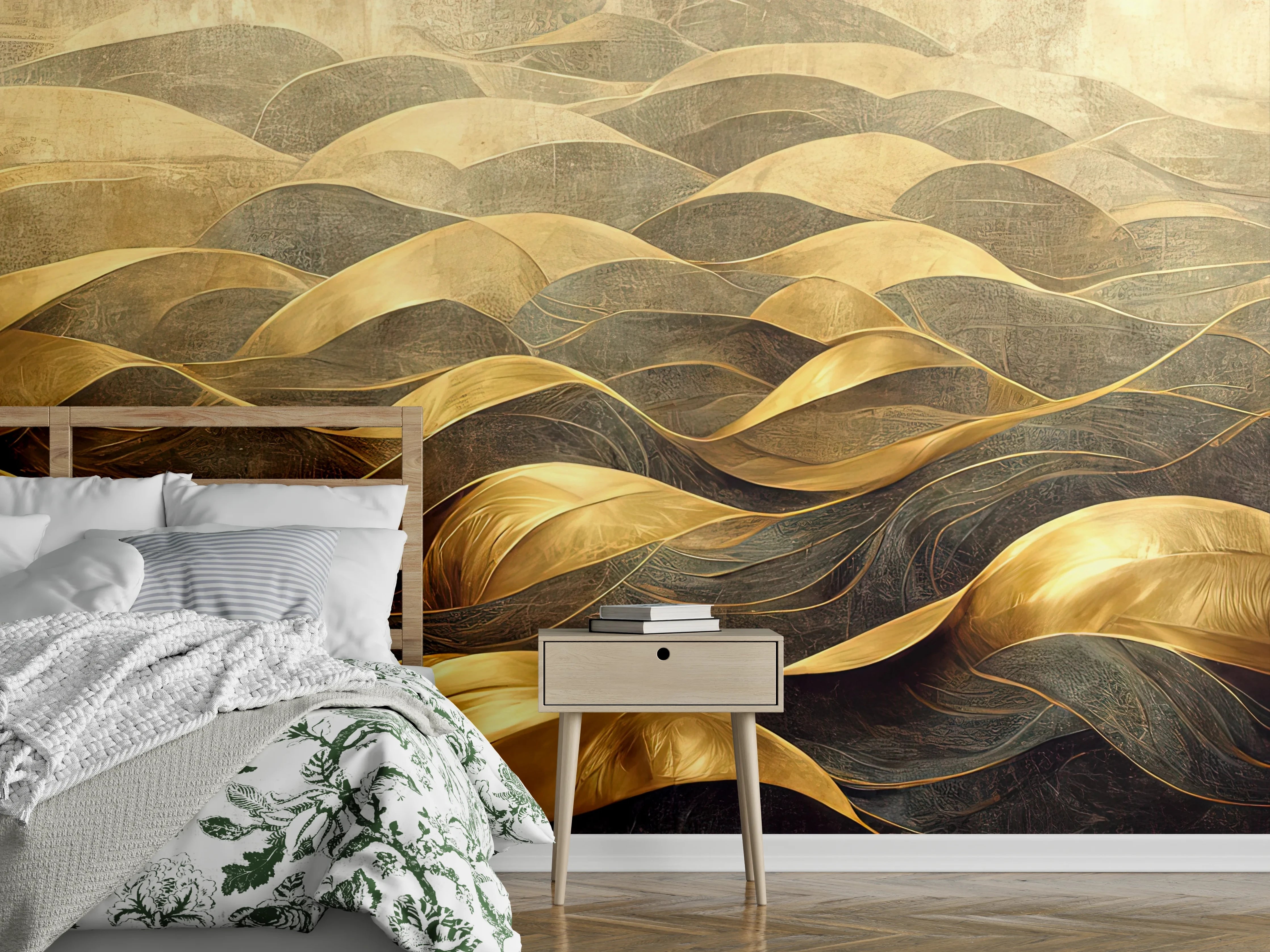 Wandverkleidung Schlafzimmer - Abstrakte goldene Wellen – Elegante Wandkunst