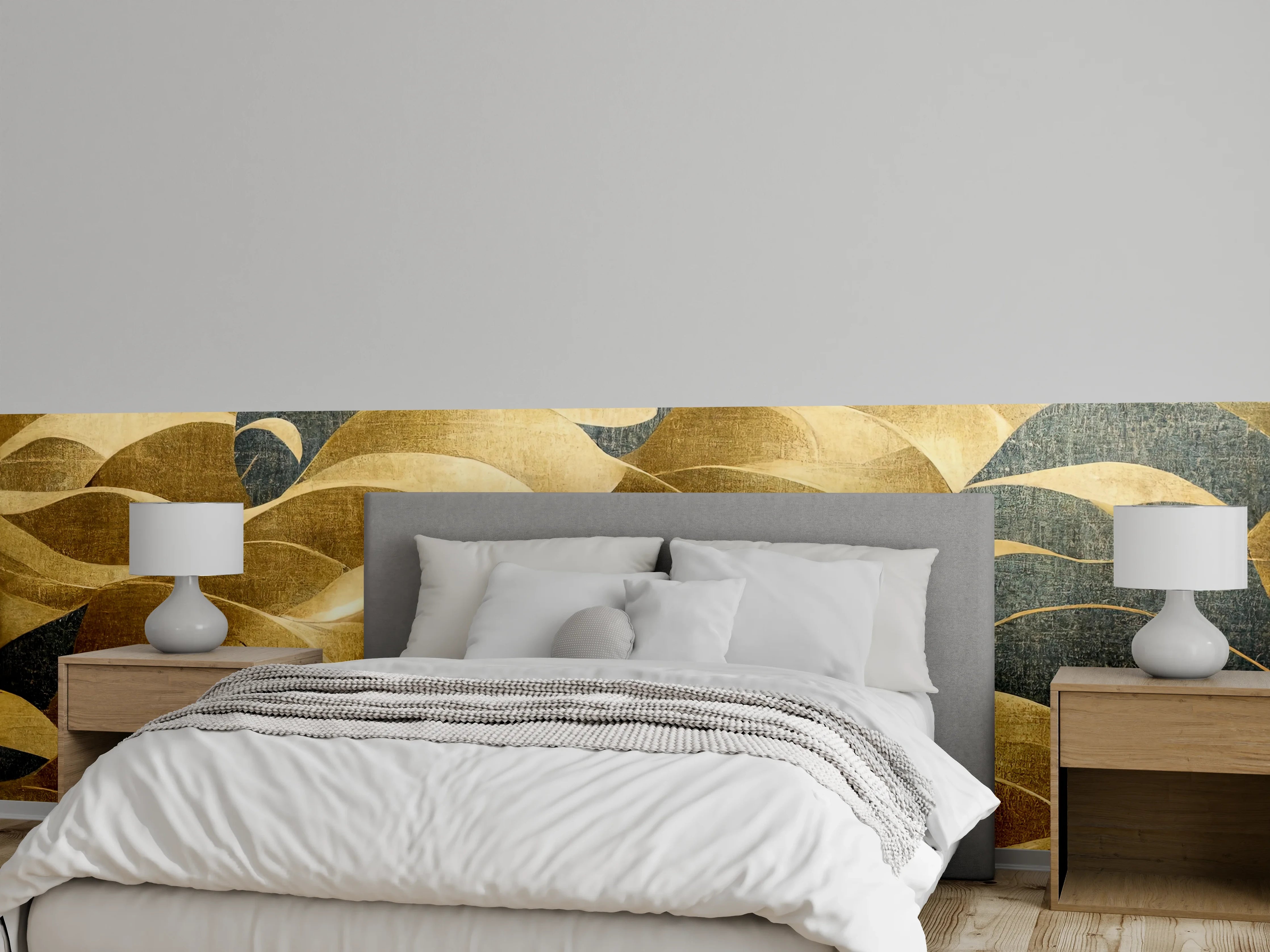 Wandverkleidung Schlafzimmer - Abstrakte goldene Wellenmodern Kunst
