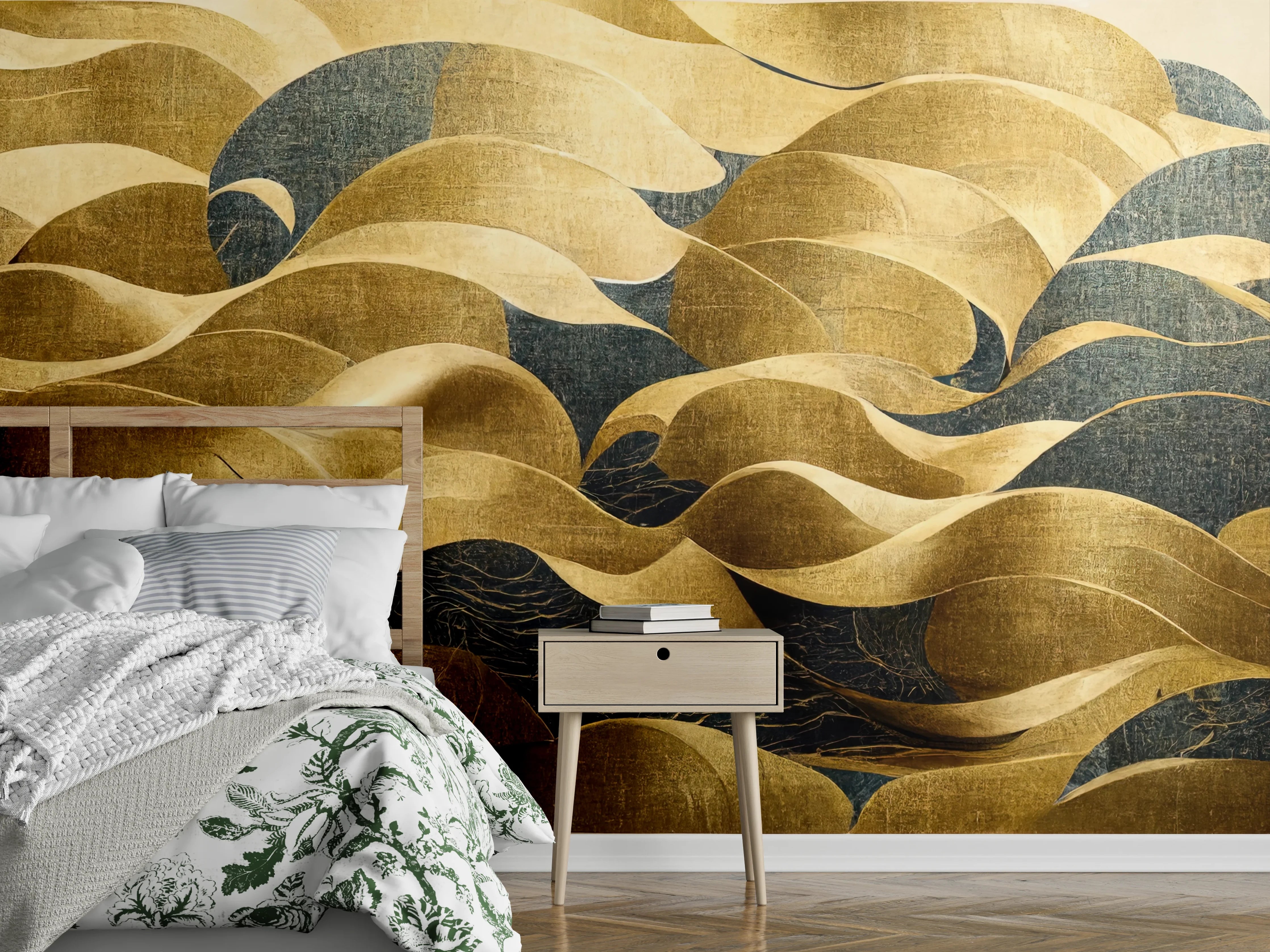 Wandverkleidung Schlafzimmer - Abstrakte goldene Wellenmodern Kunst