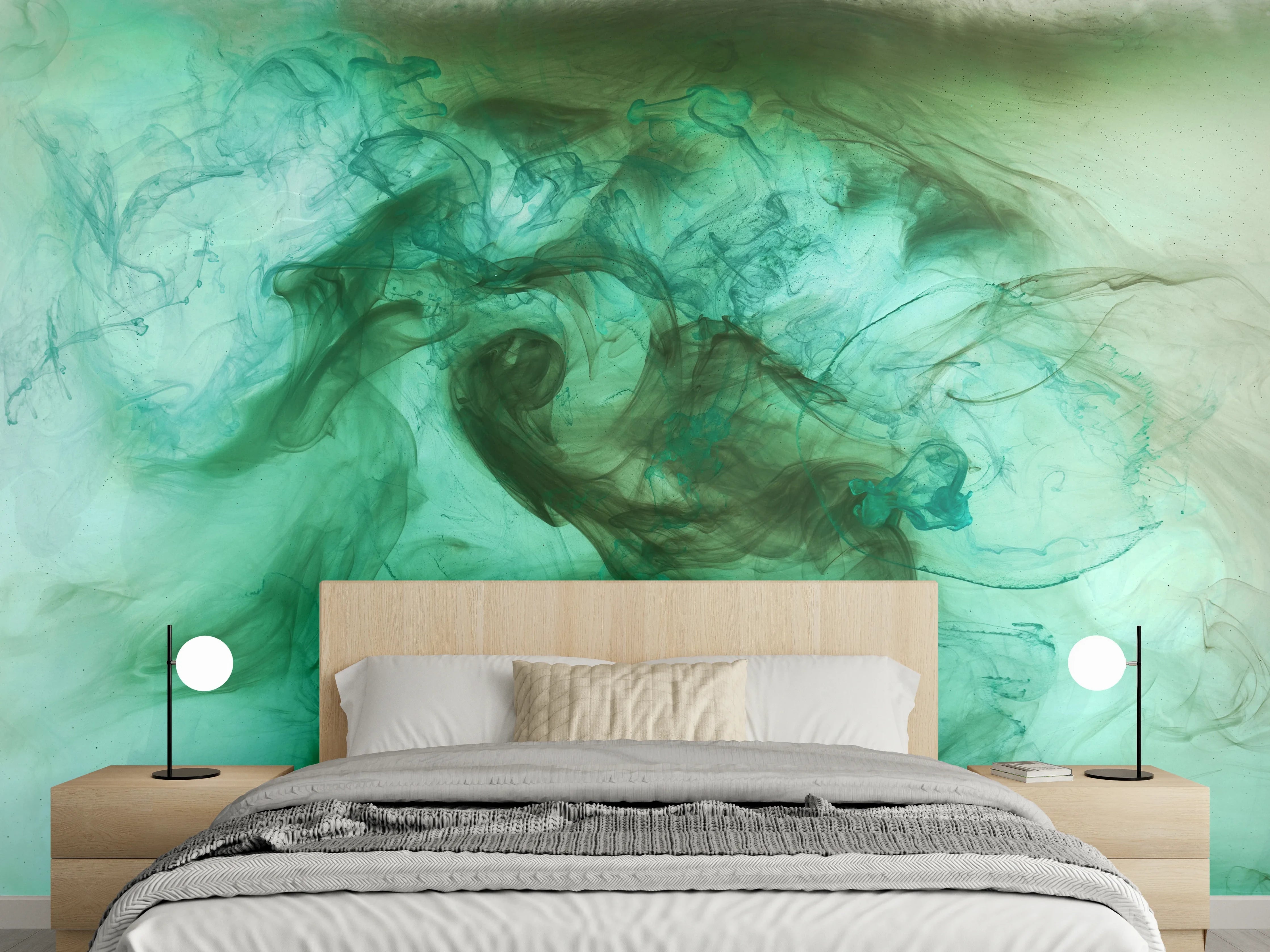 Wandverkleidung Schlafzimmer - Abstrakte grüne Aquarellwolken
