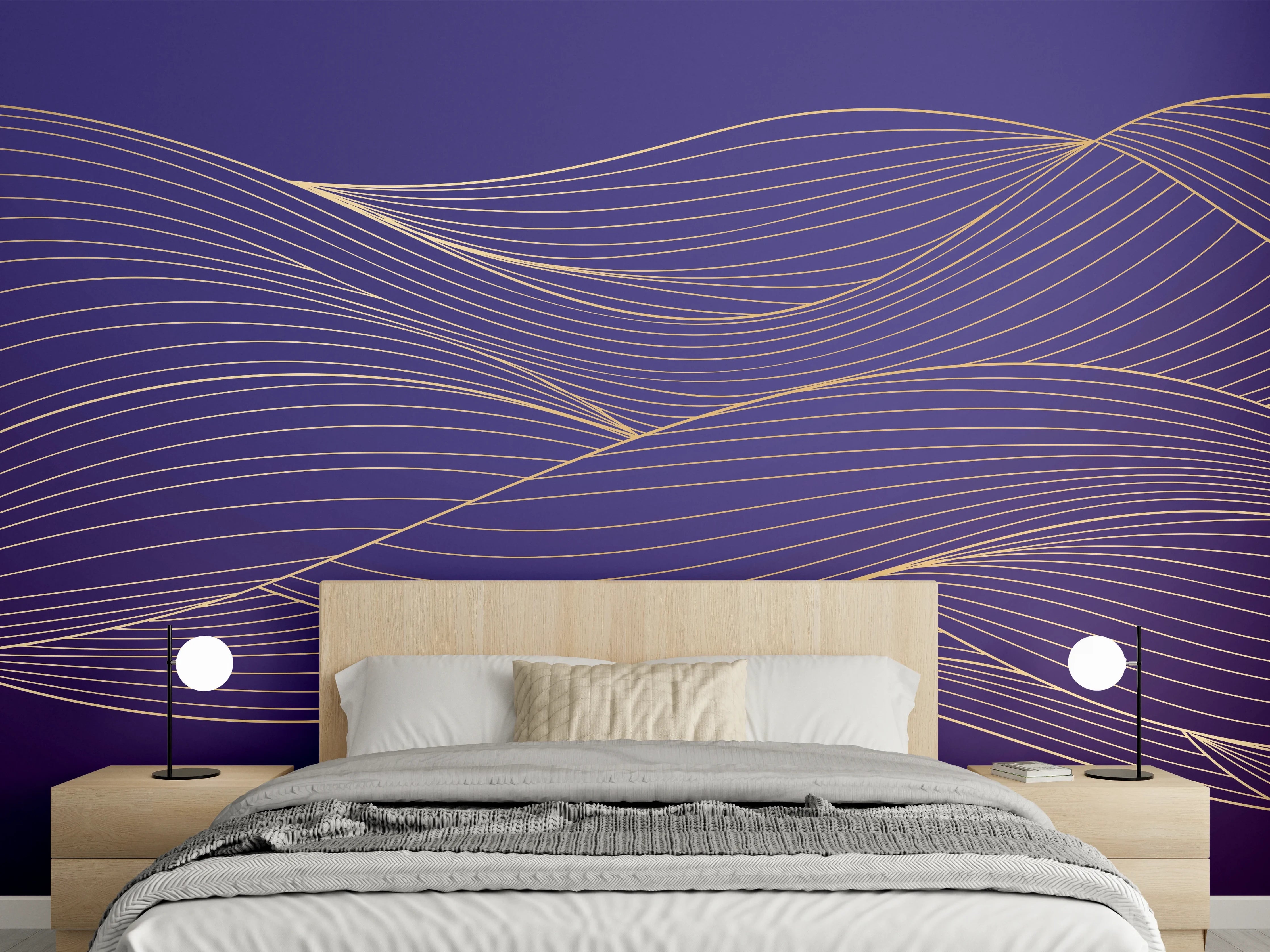 Wandverkleidung Schlafzimmer - Abstrakte lila Wellenlinien Kunst