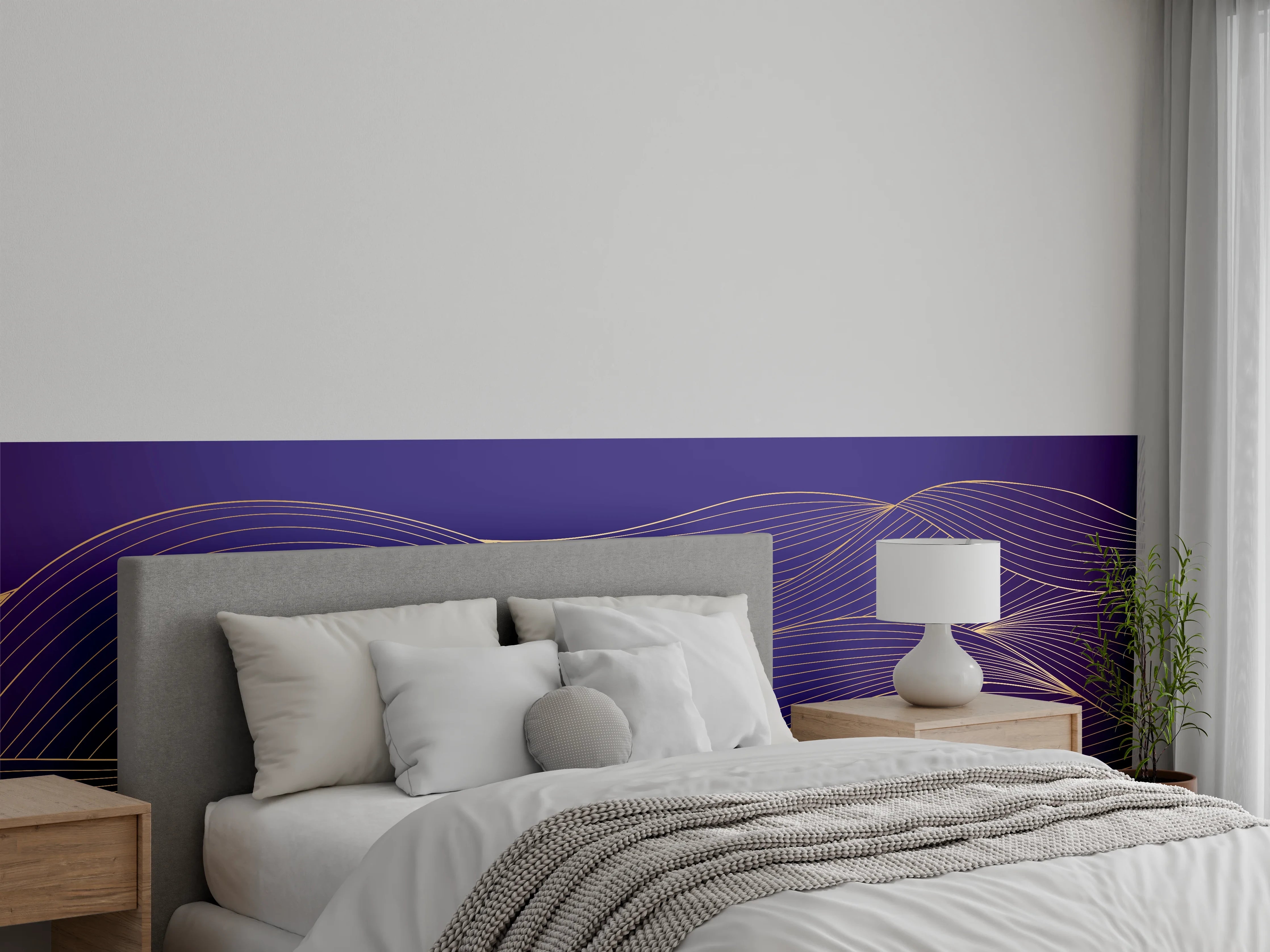 Wandverkleidung Schlafzimmer - Abstrakte lila Wellenlinien Kunst