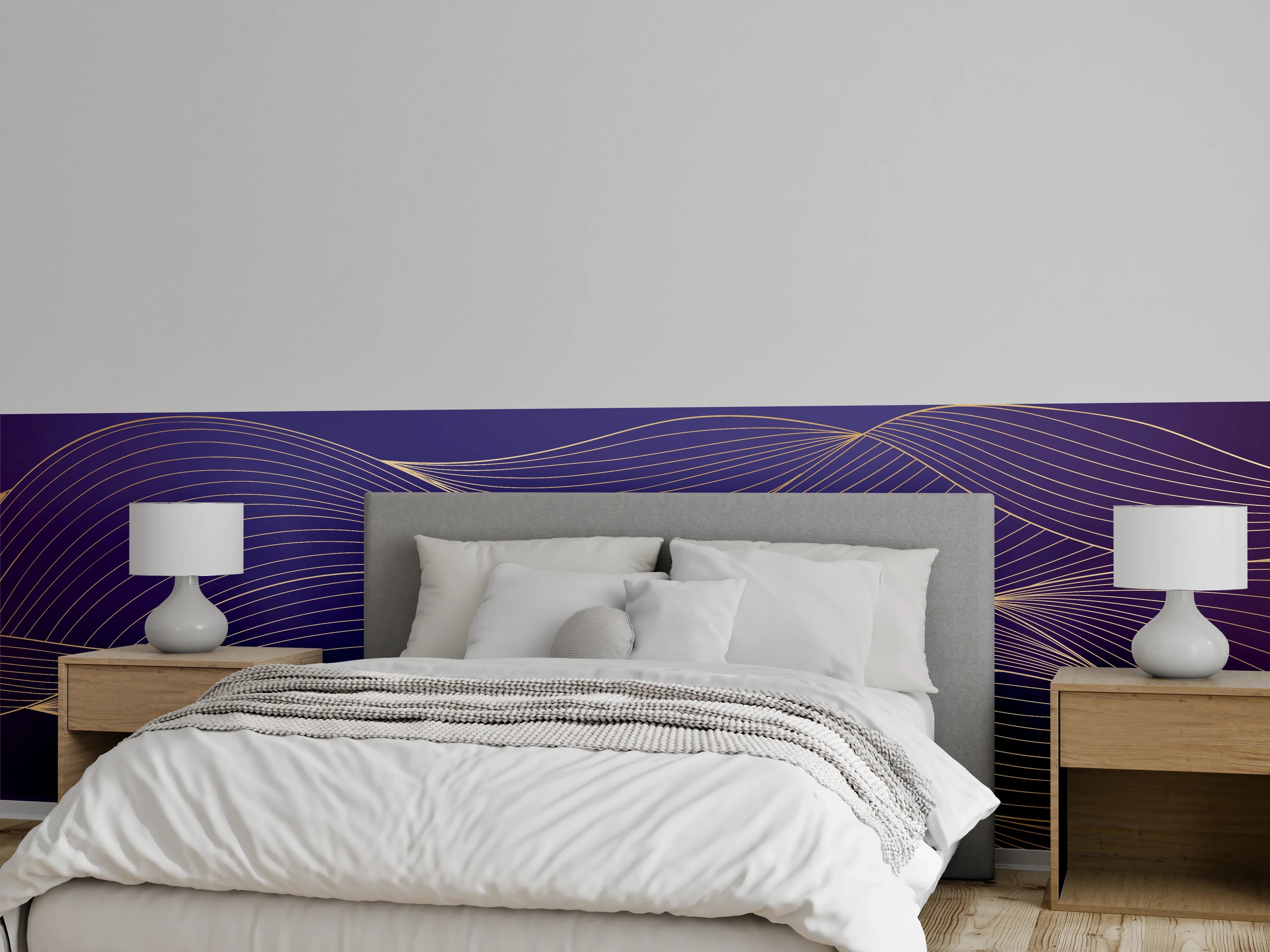 Wandverkleidung Schlafzimmer - Abstrakte lila Wellenlinien Kunst