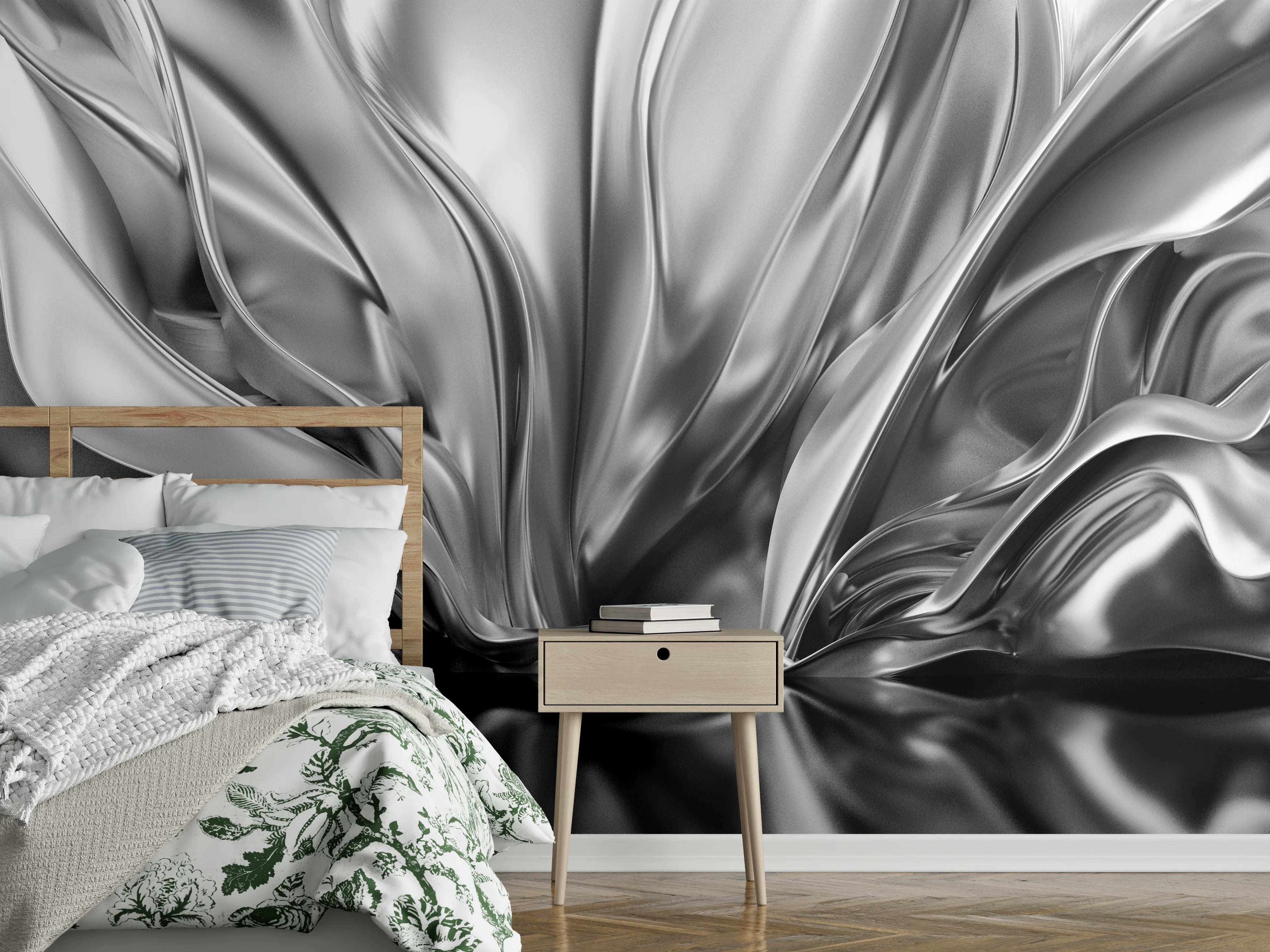 Wandverkleidung Schlafzimmer - Abstrakte silberne Wellen Wanddekor
