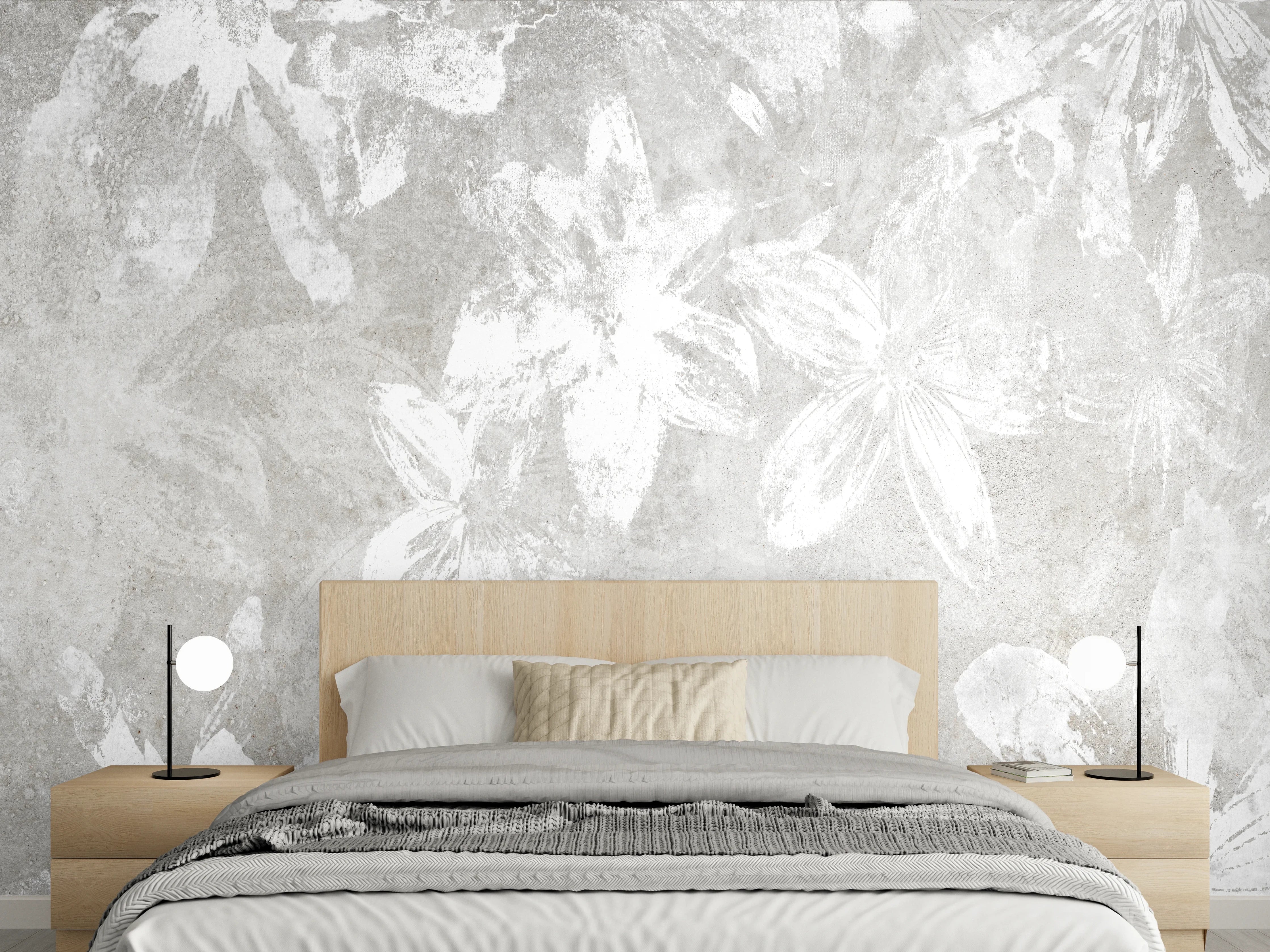 Wandverkleidung Schlafzimmer - Abstrakte weiße Blumen auf Beton