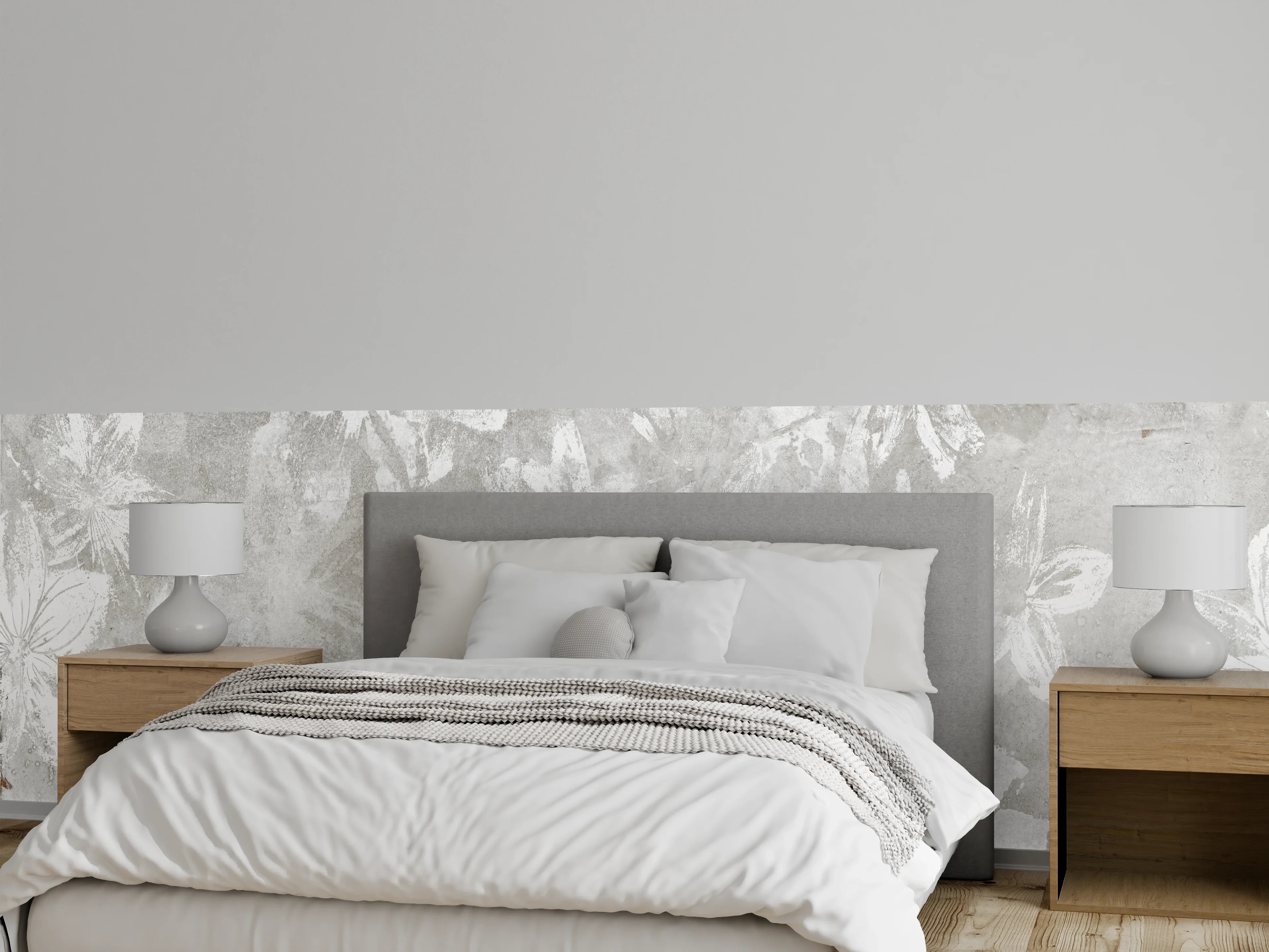 Wandverkleidung Schlafzimmer - Abstrakte weiße Blumen auf Beton