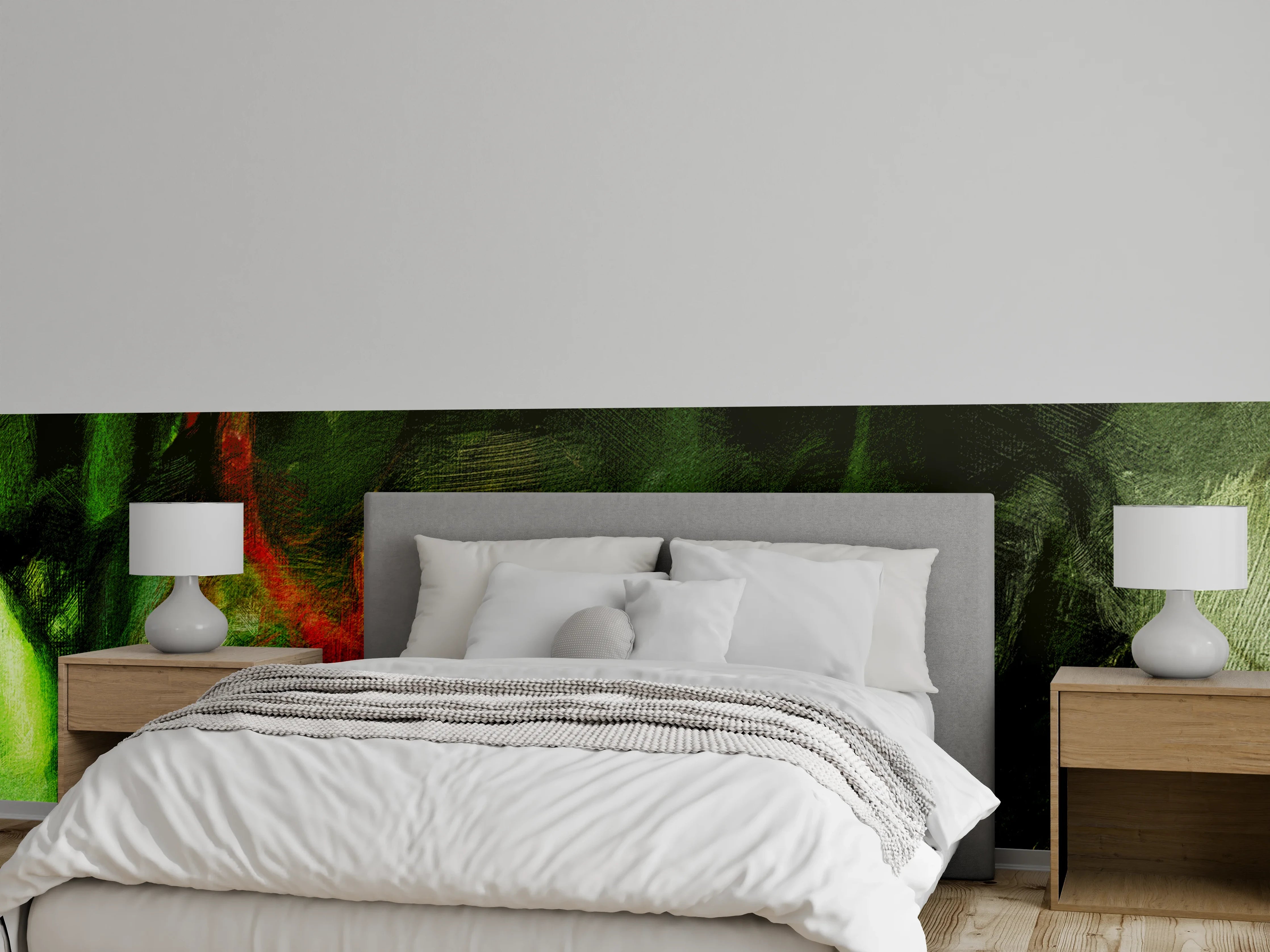 Wandverkleidung Schlafzimmer - Abstrakter Dschungel Aquarell Grünrot