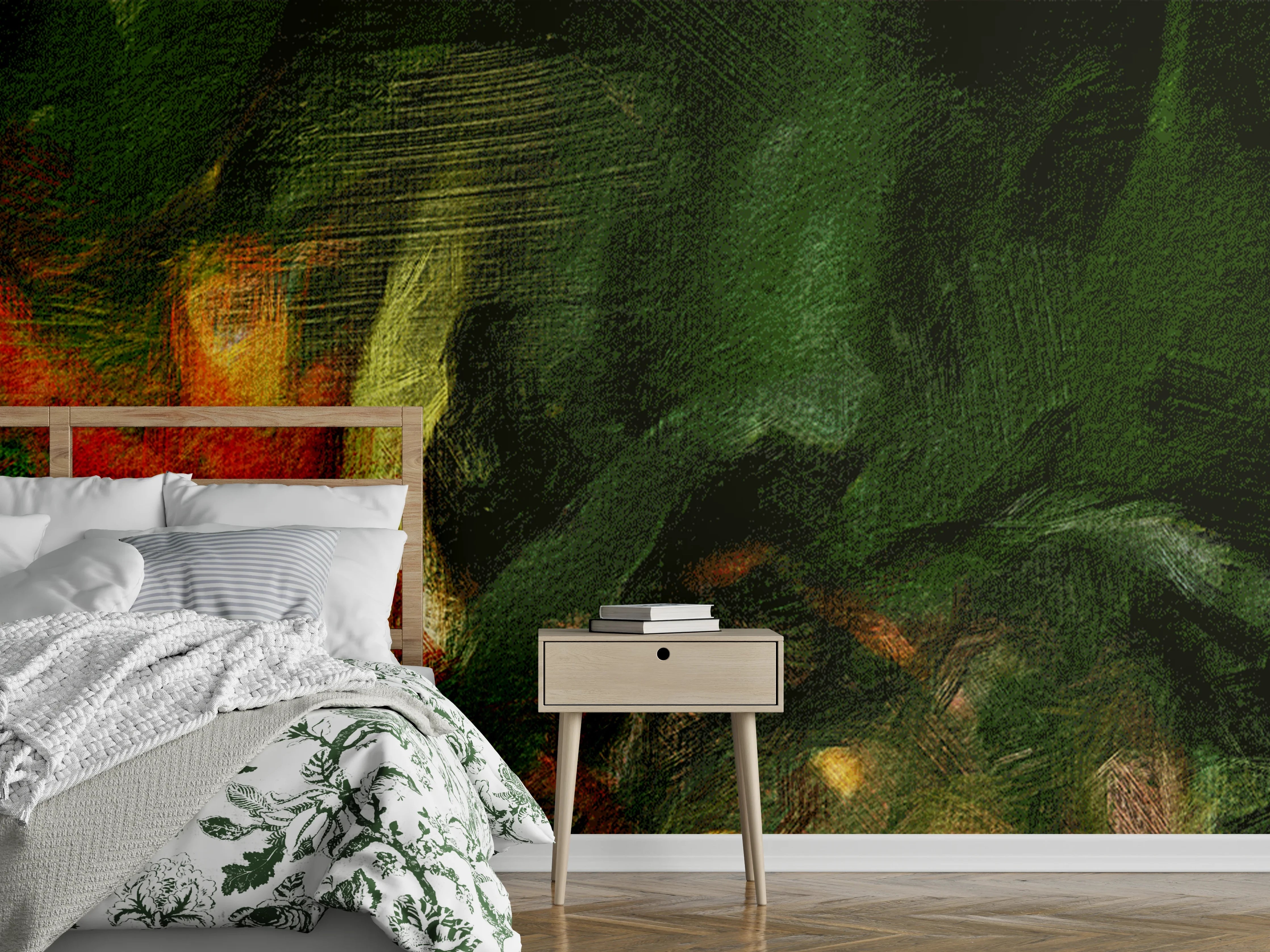Wandverkleidung Schlafzimmer - Abstrakter Dschungel Aquarell Grünrot