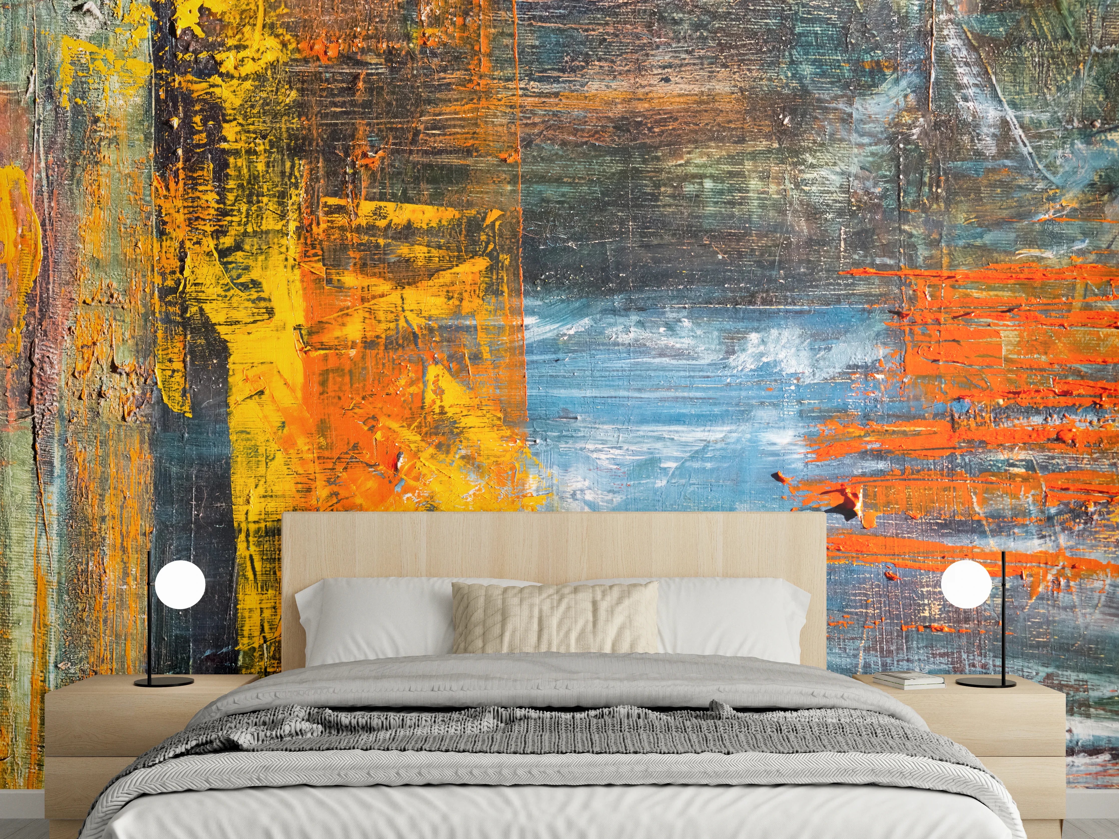 Wandverkleidung Schlafzimmer - Abstraktes Acrylbild Gelb-Orange-Blau