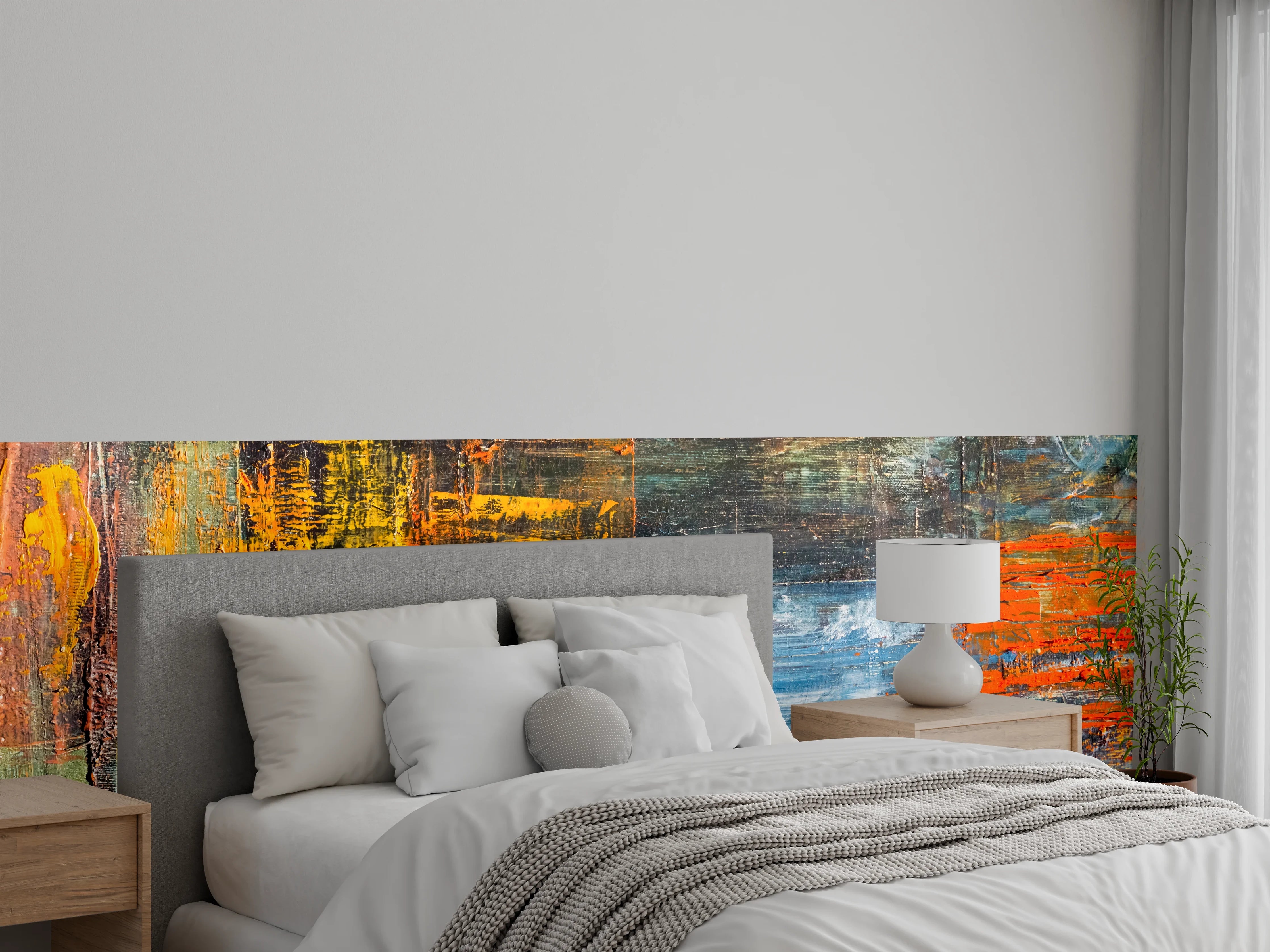 Wandverkleidung Schlafzimmer - Abstraktes Acrylbild Gelb-Orange-Blau