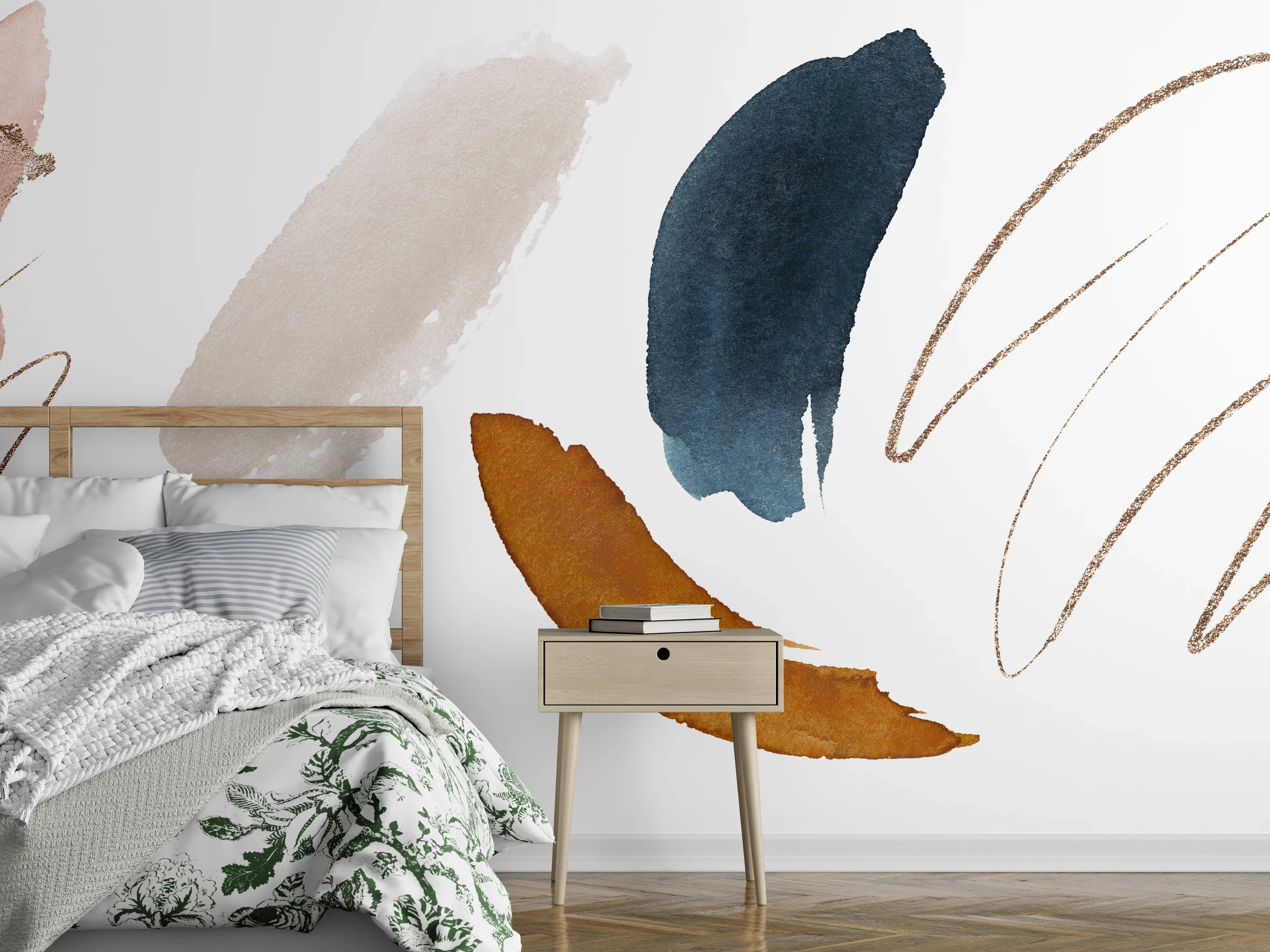 Wandverkleidung Schlafzimmer - Abstraktes Aquarell Beige Blau Braun