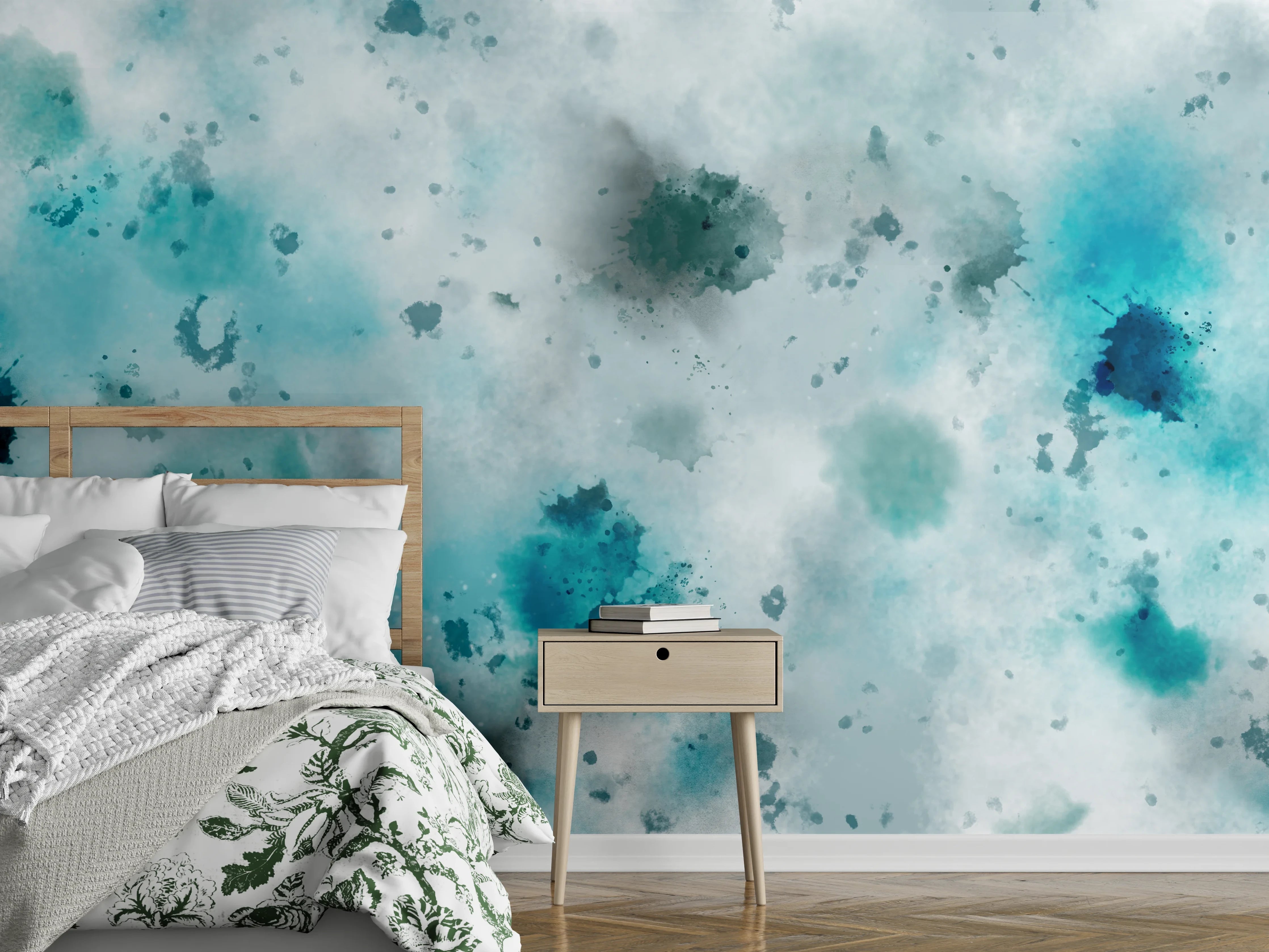 Wandverkleidung Schlafzimmer - Abstraktes Aquarell Blau Türkis Weiß