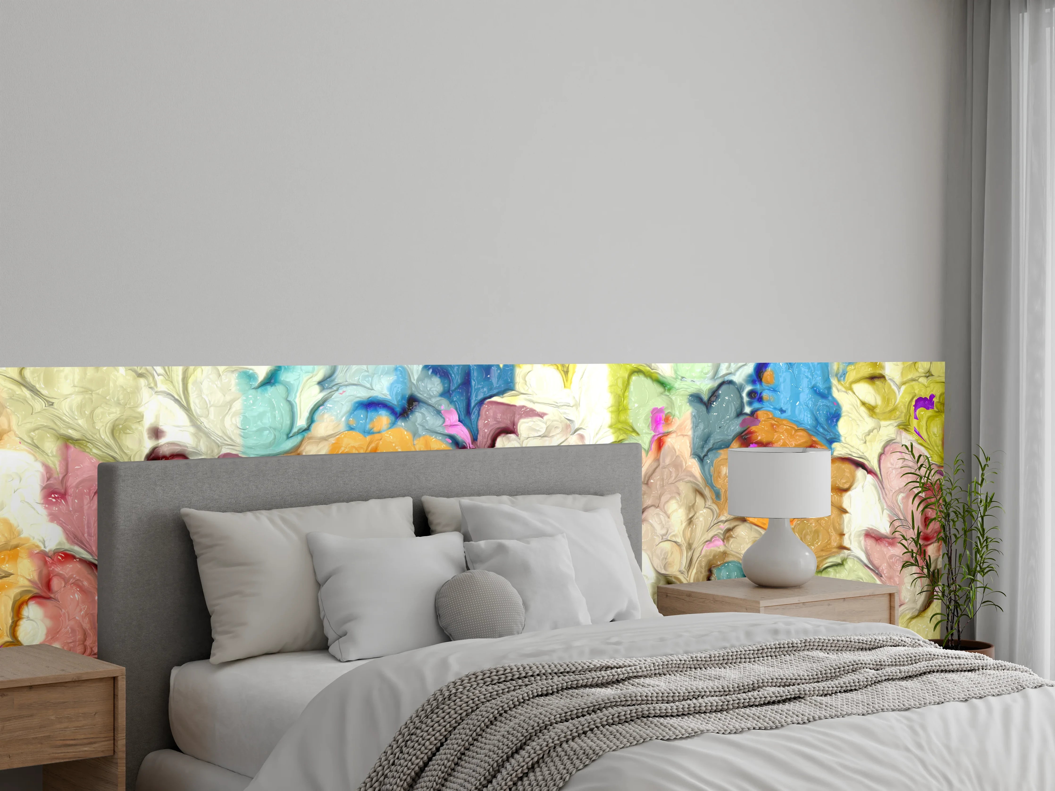 Wandverkleidung Schlafzimmer - Abstraktes Aquarell Blumenmuster bunt