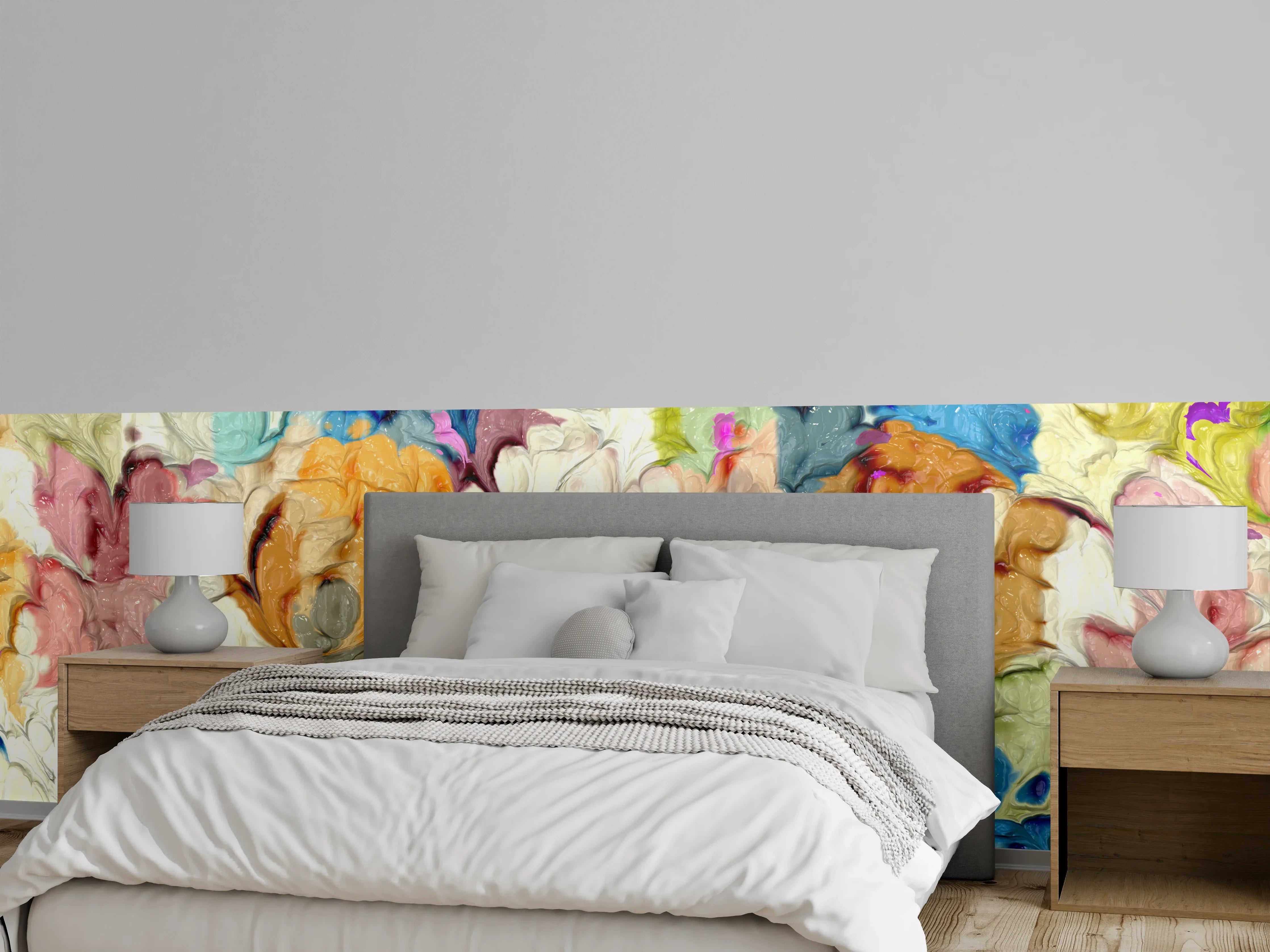 Wandverkleidung Schlafzimmer - Abstraktes Aquarell Blumenmuster bunt