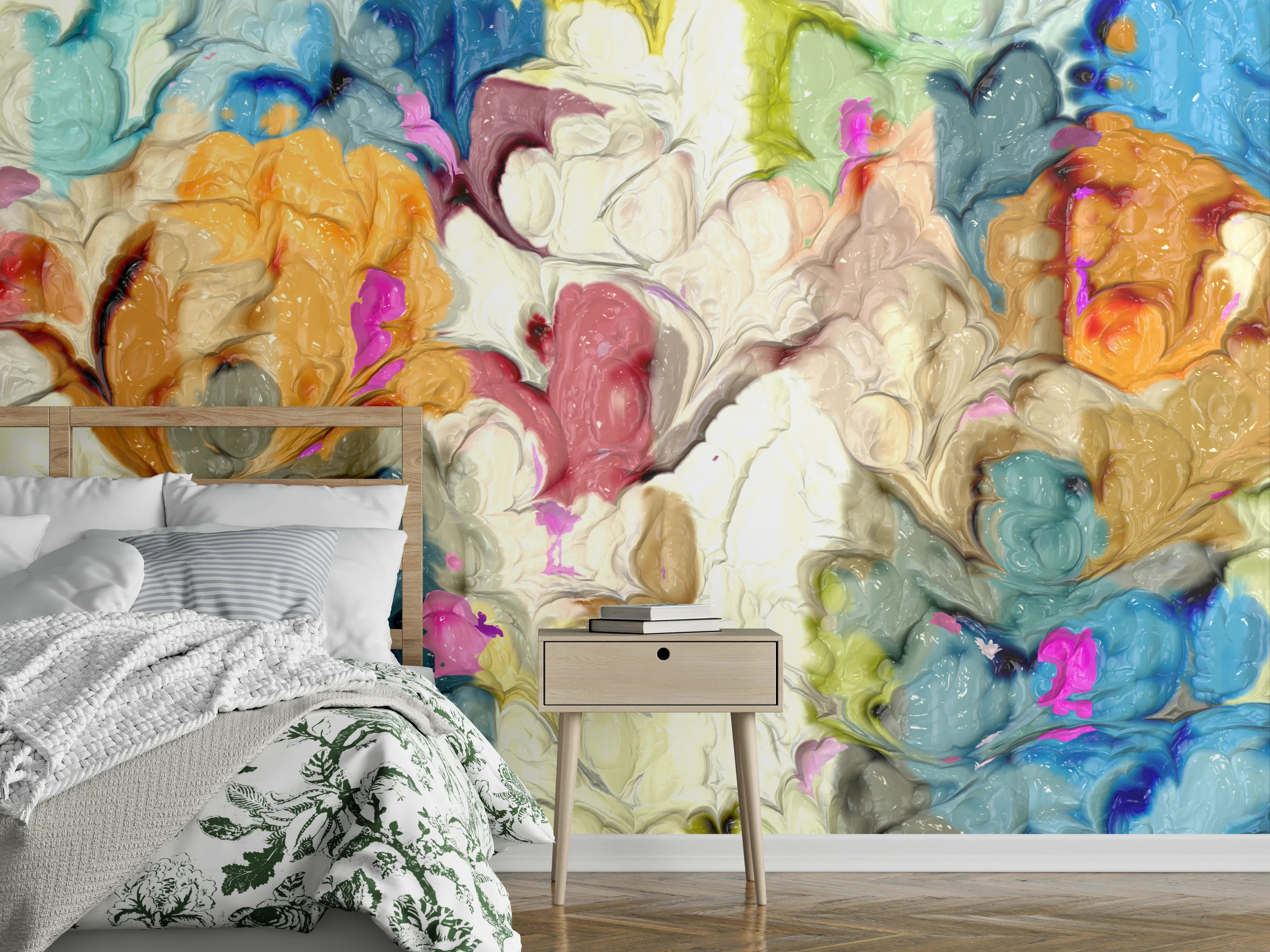 Wandverkleidung Schlafzimmer - Abstraktes Aquarell Blumenmuster bunt