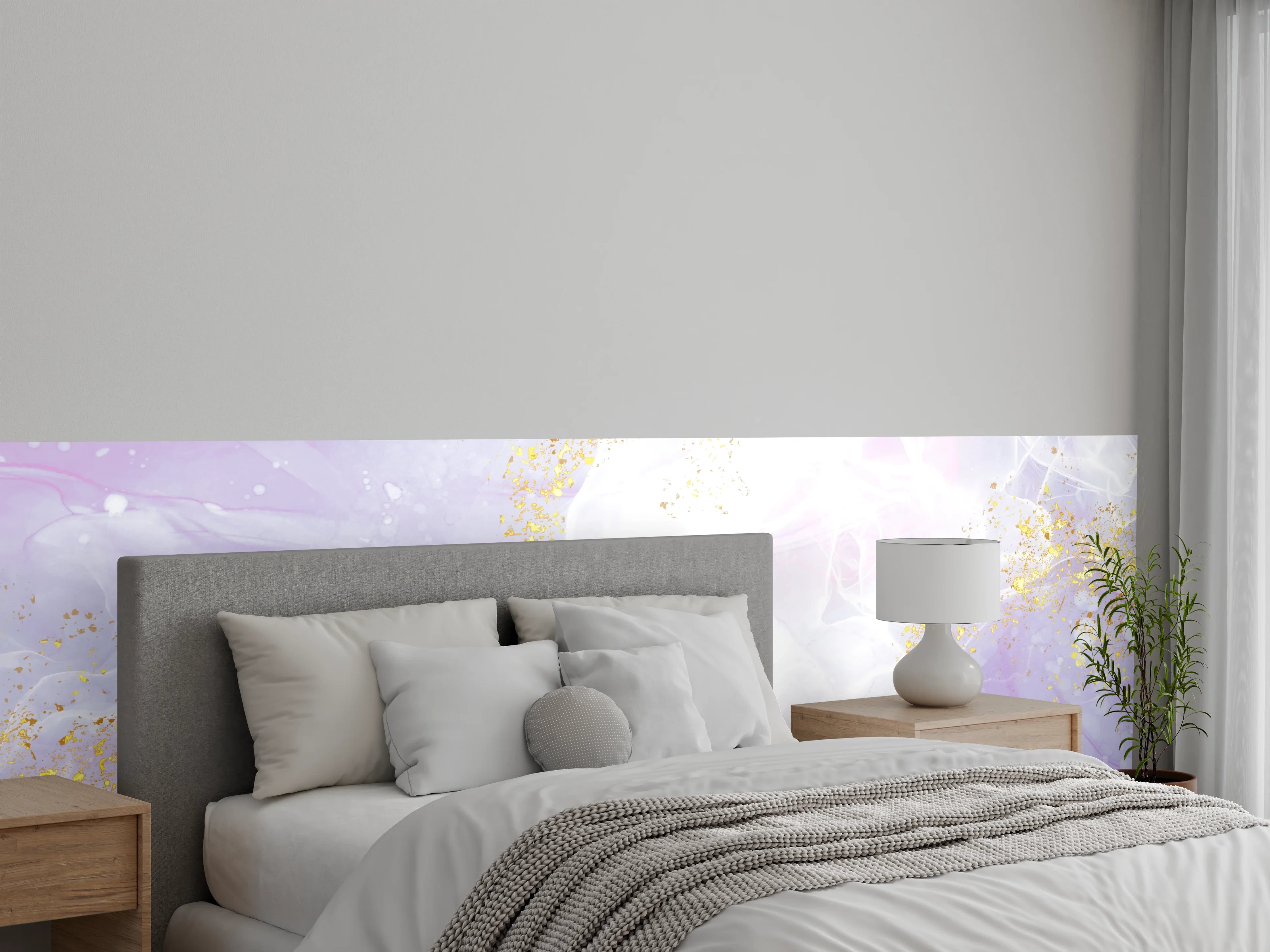 Wandverkleidung Schlafzimmer - Abstraktes Aquarell Motiv mit Goldakzenten