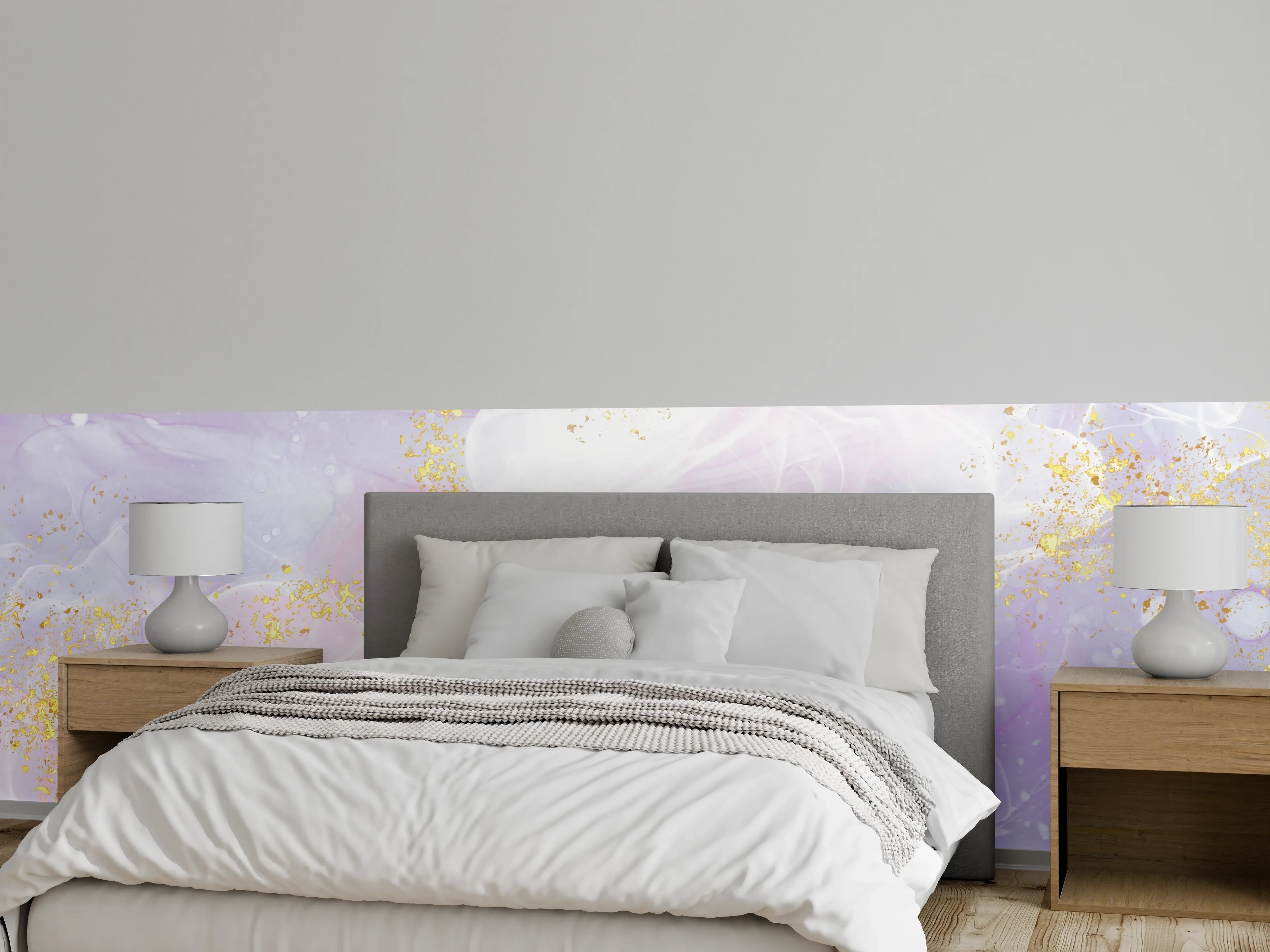 Wandverkleidung Schlafzimmer - Abstraktes Aquarell Motiv mit Goldakzenten