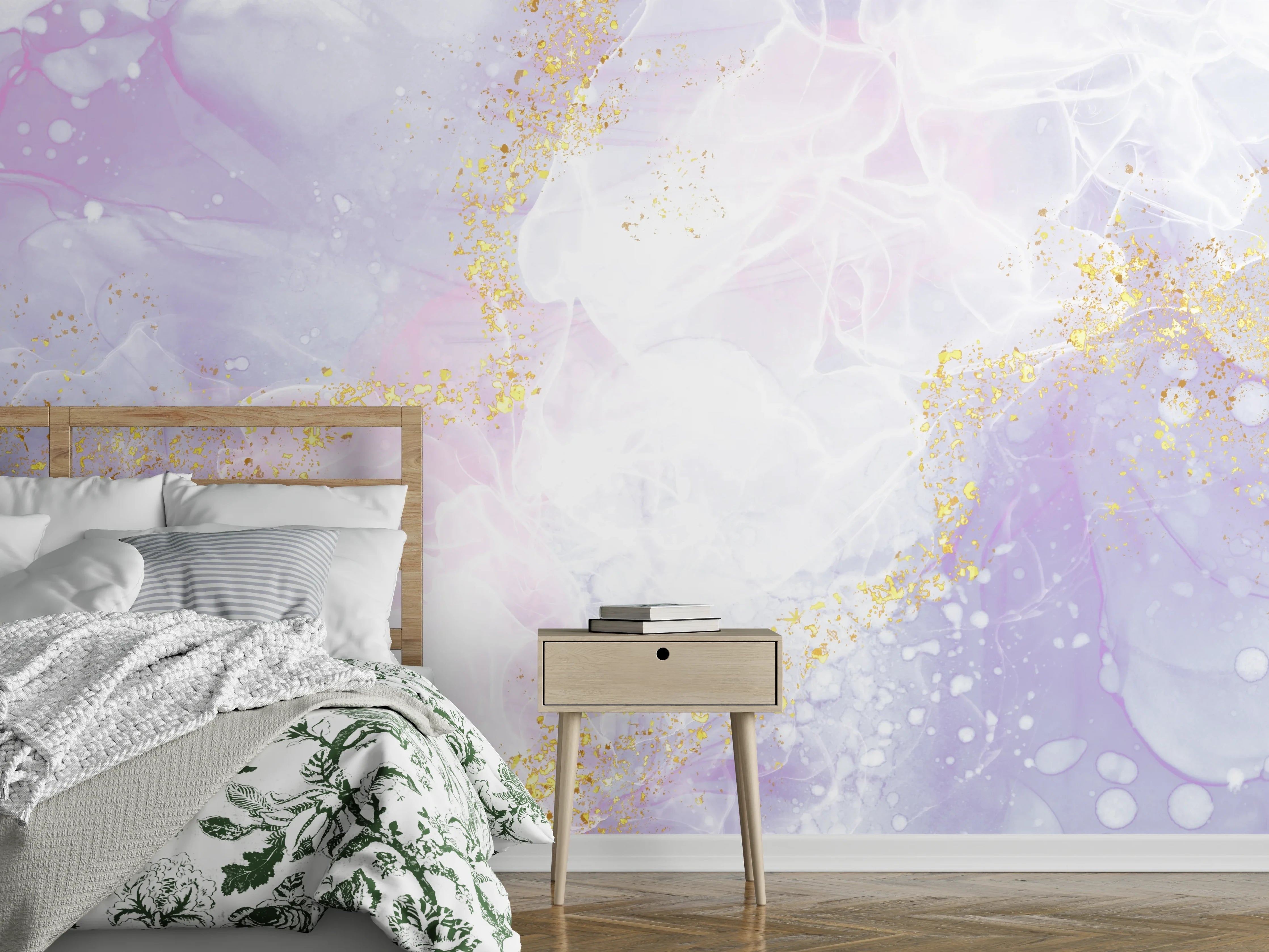 Wandverkleidung Schlafzimmer - Abstraktes Aquarell Motiv mit Goldakzenten