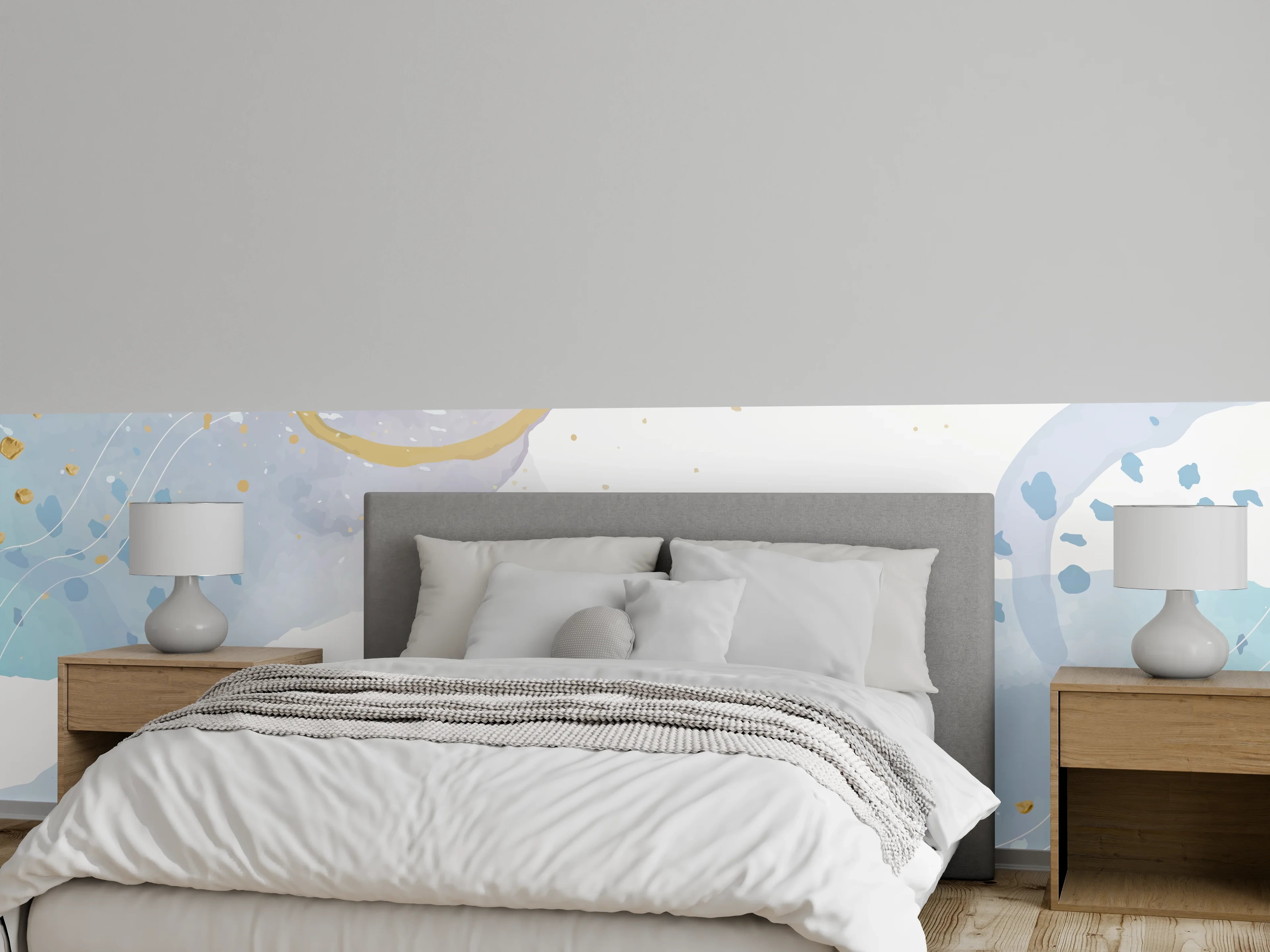 Wandverkleidung Schlafzimmer - Abstraktes Aquarell in Blau und Gold
