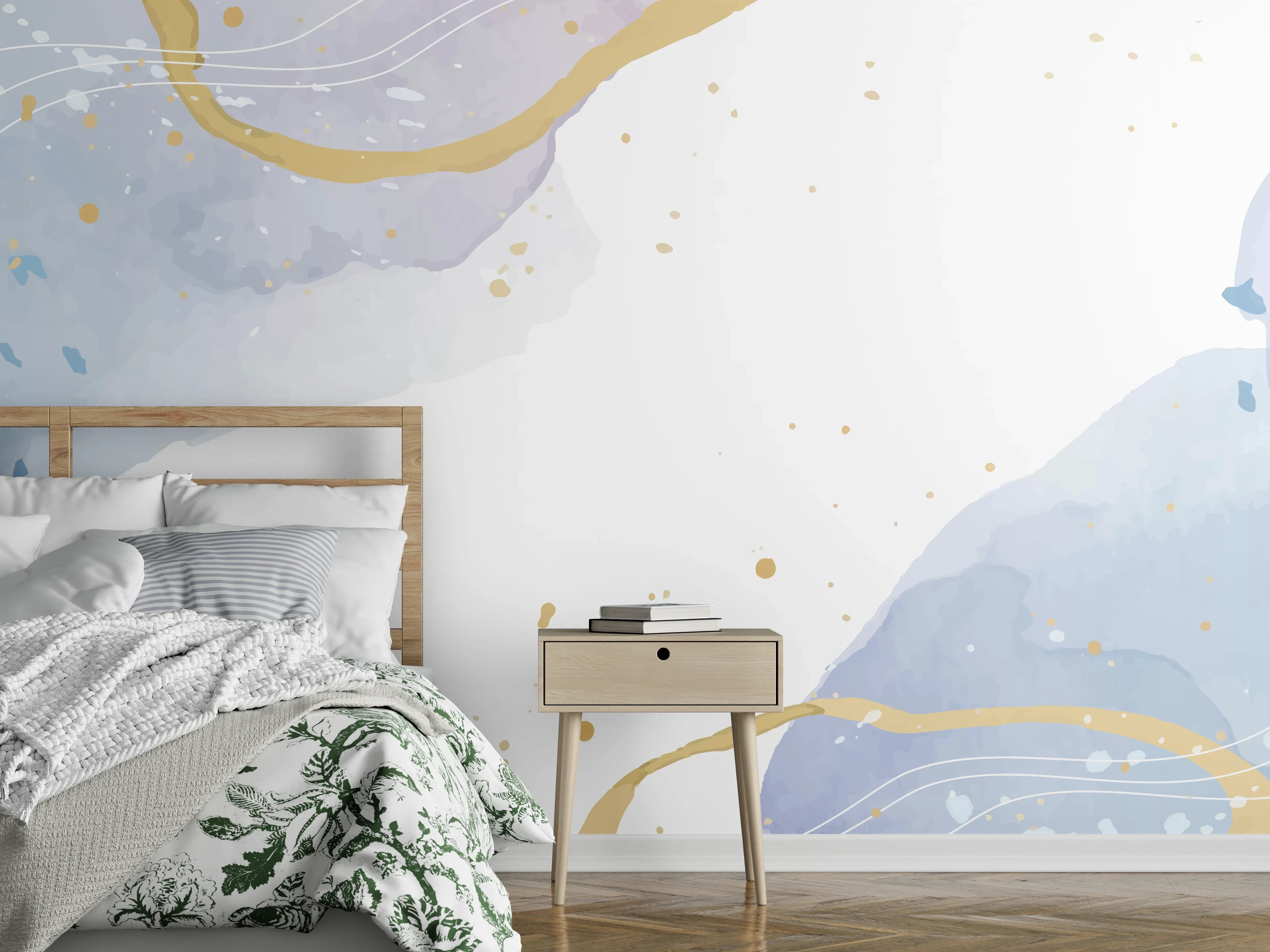 Wandverkleidung Schlafzimmer - Abstraktes Aquarell in Blau und Gold
