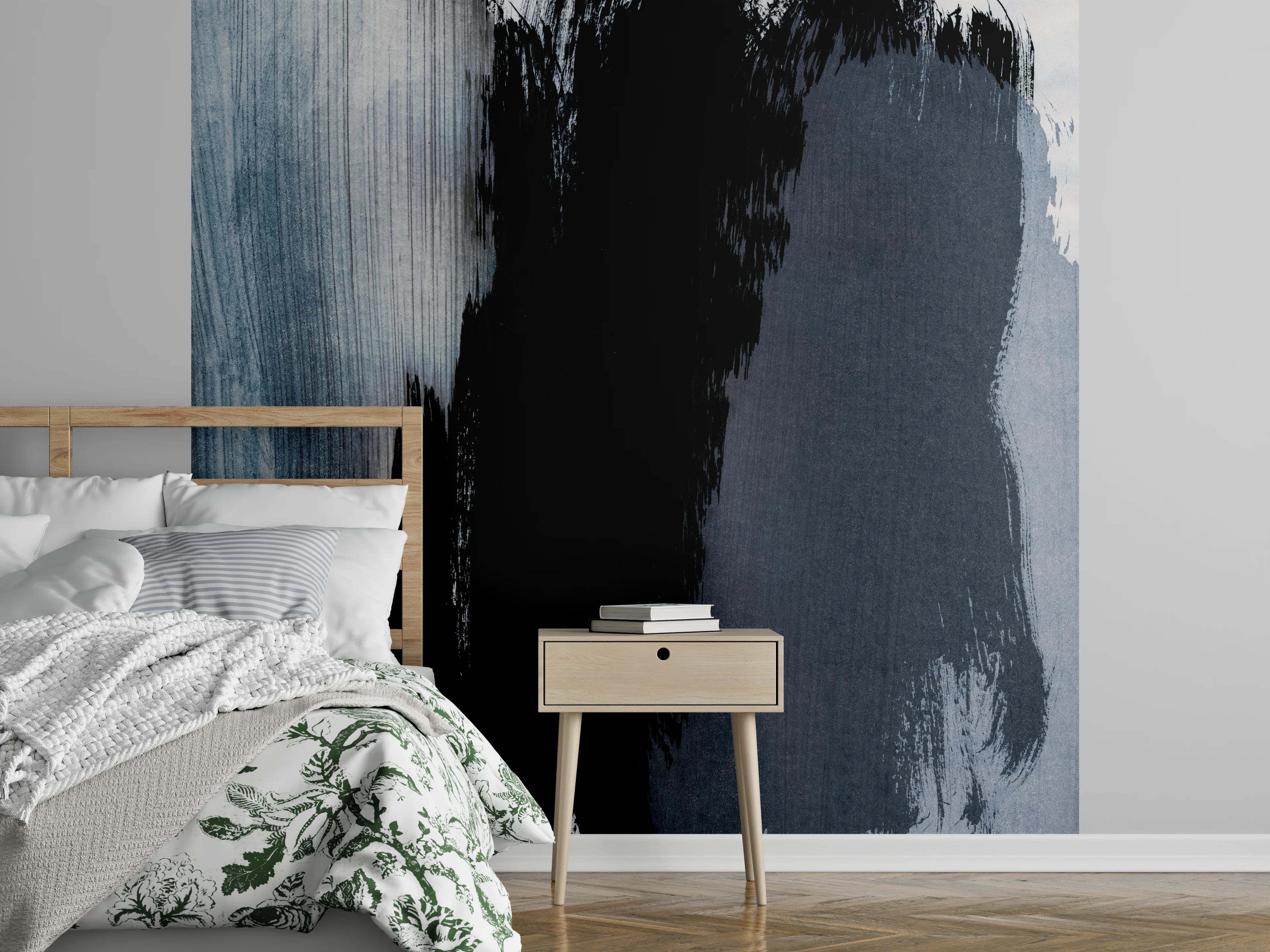Wandverkleidung Schlafzimmer - Abstraktes Aquarell in Schwarz und Blau