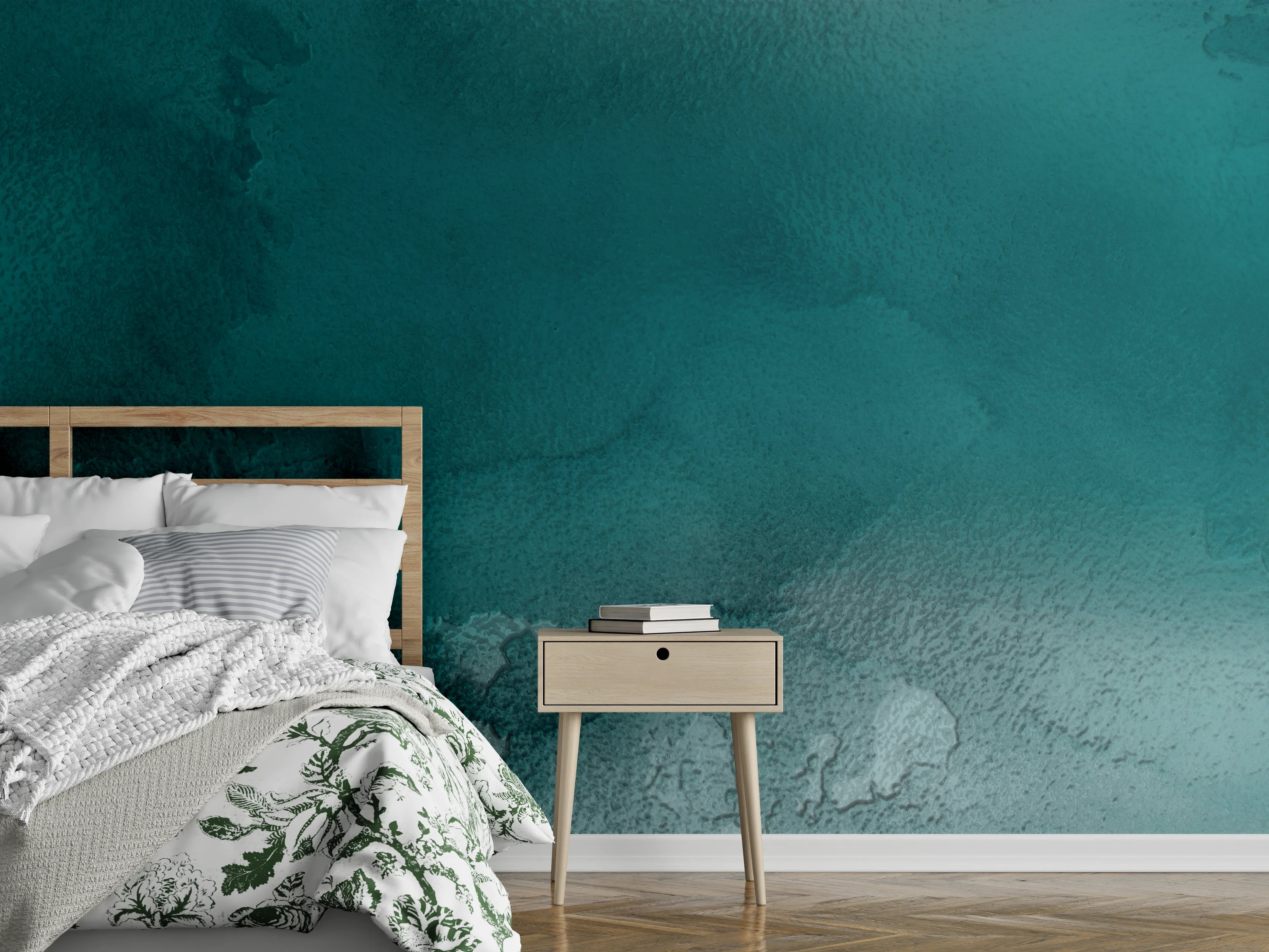 Wandverkleidung Schlafzimmer - Abstraktes Aquarell in Türkis & Blau