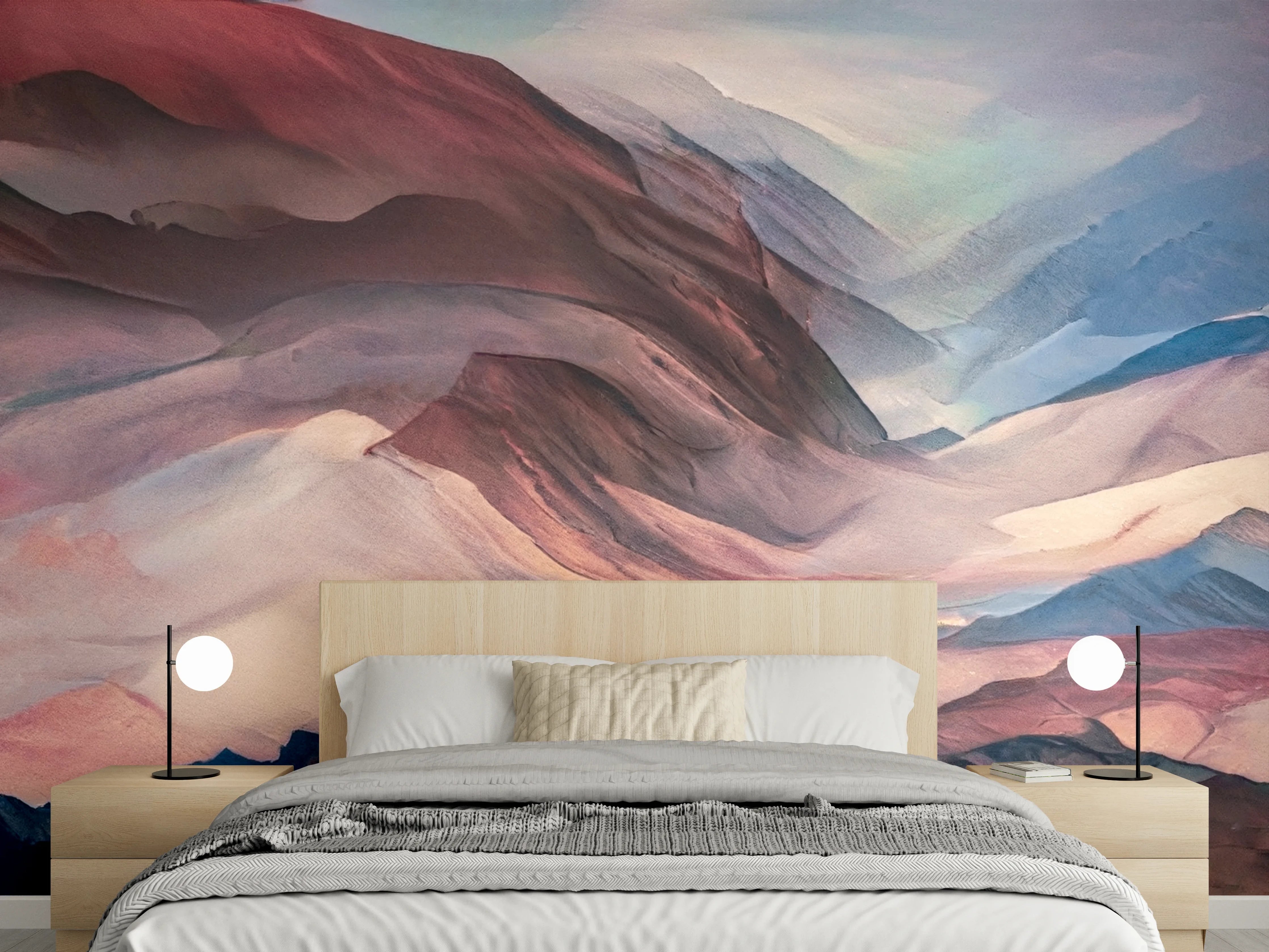 Wandverkleidung Schlafzimmer - Abstraktes Bergmotiv in Rot-Blau