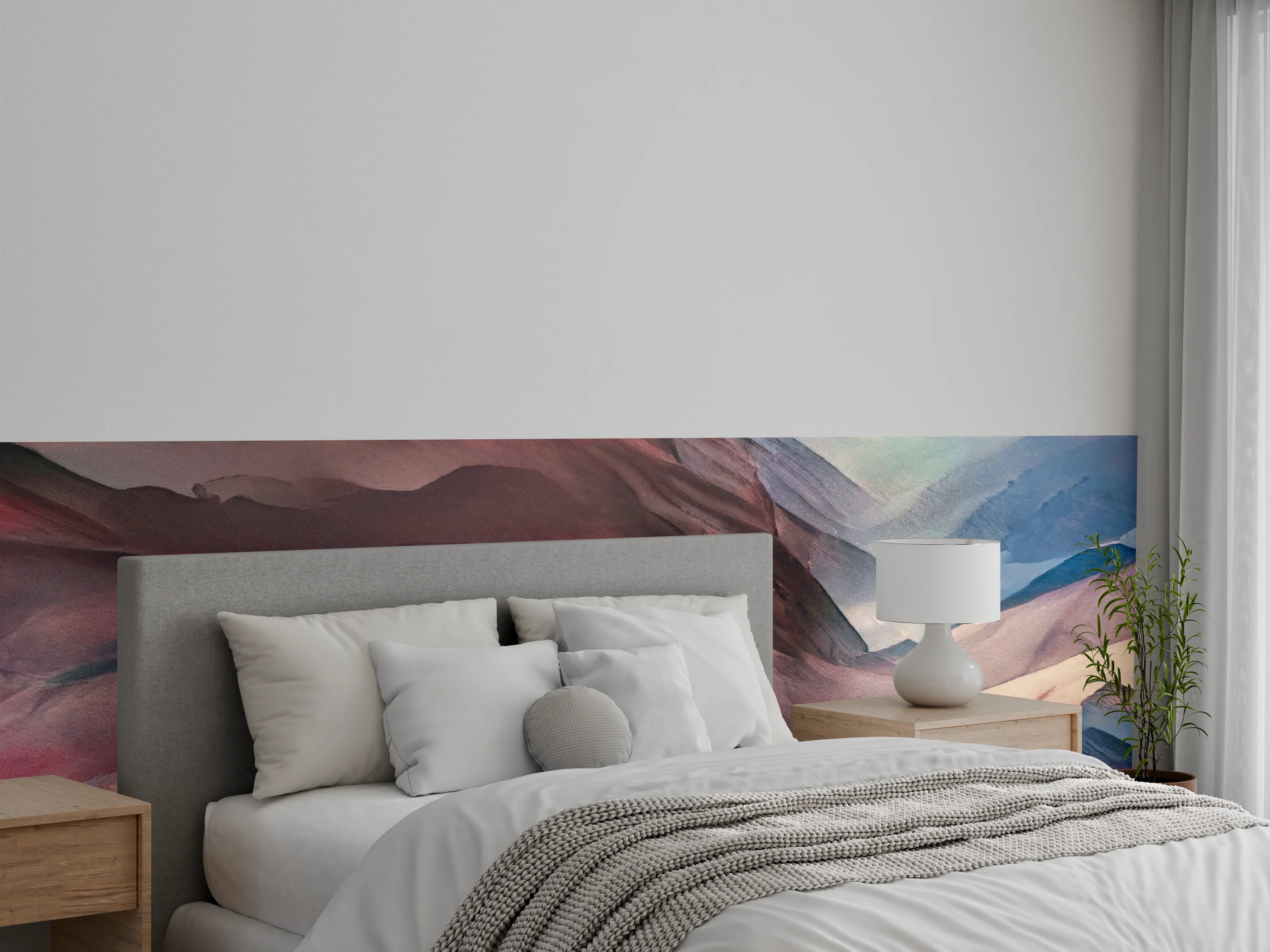 Wandverkleidung Schlafzimmer - Abstraktes Bergmotiv in Rot-Blau