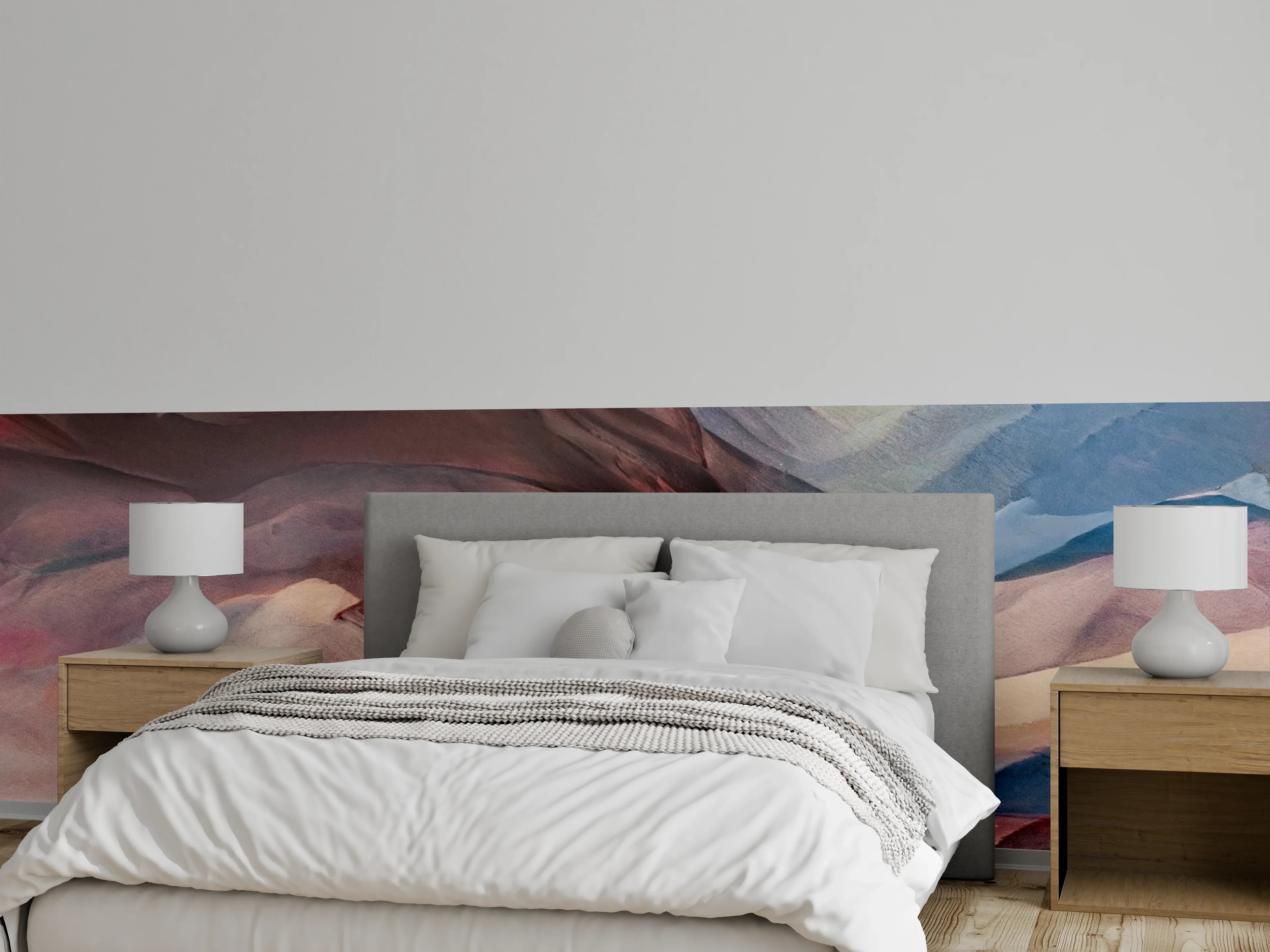 Wandverkleidung Schlafzimmer - Abstraktes Bergmotiv in Rot-Blau