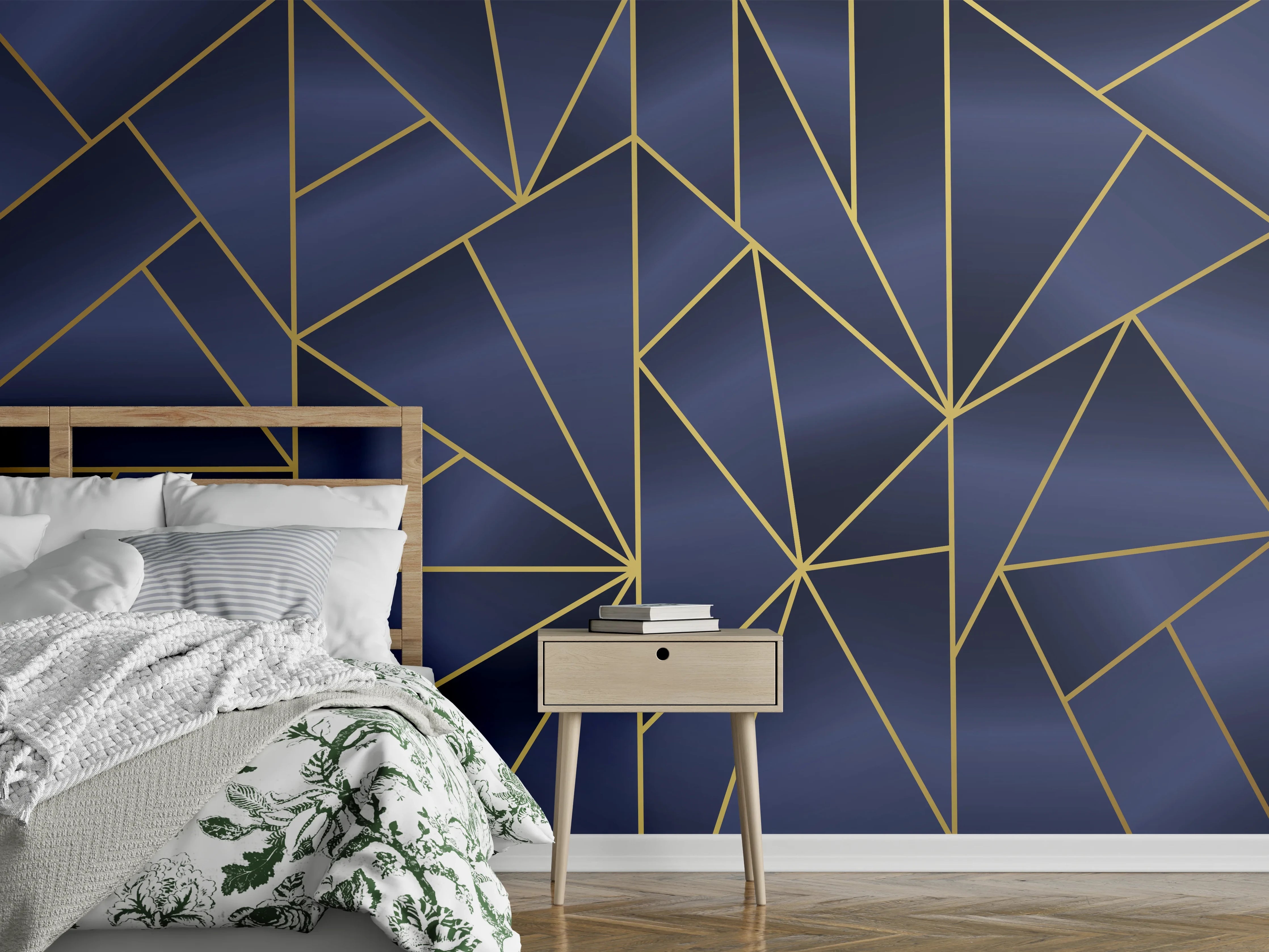 Wandverkleidung Schlafzimmer - Abstraktes Blau-Gold Muster