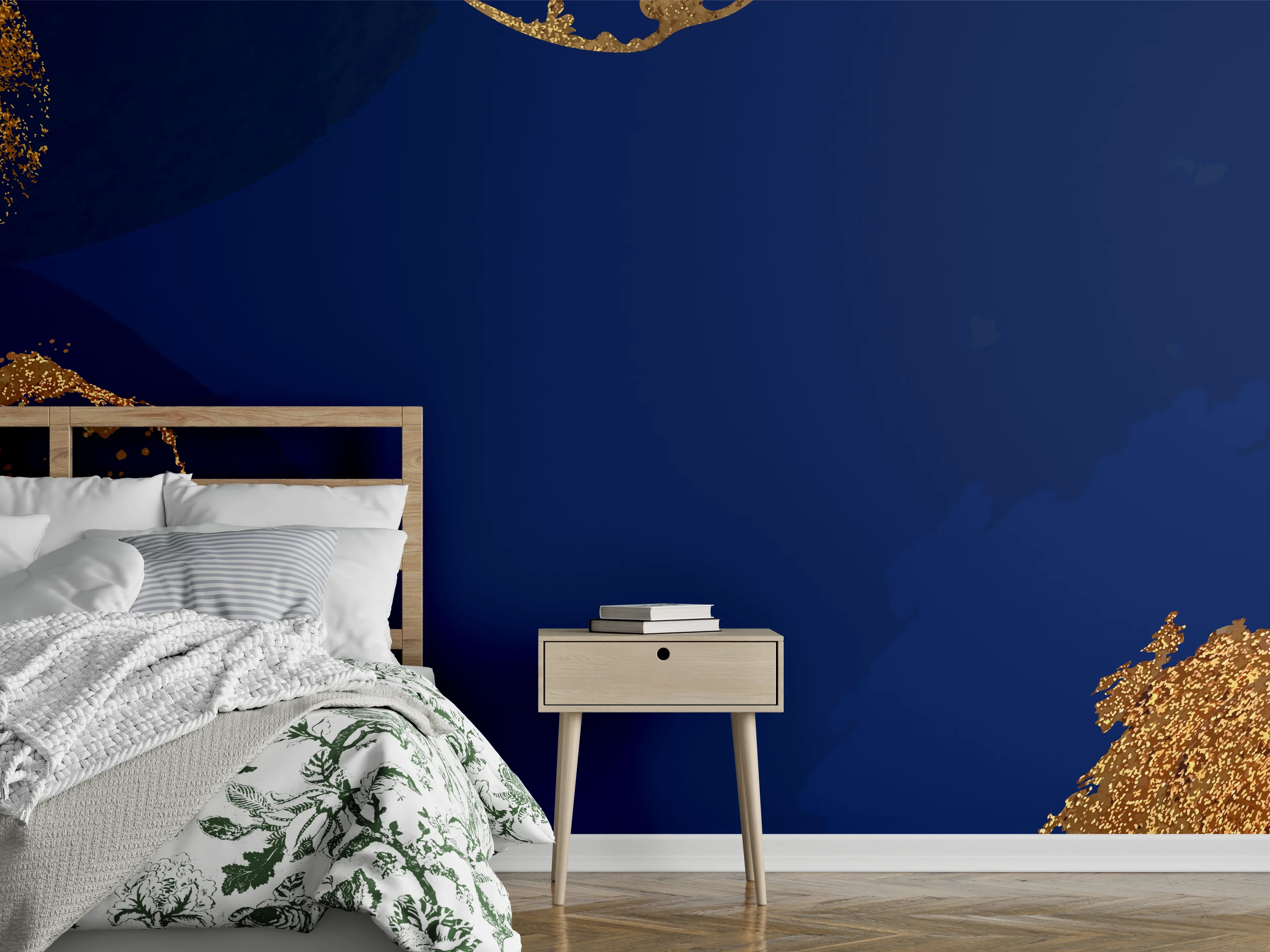 Wandverkleidung Schlafzimmer - Abstraktes Blau-Gold Wanddesign
