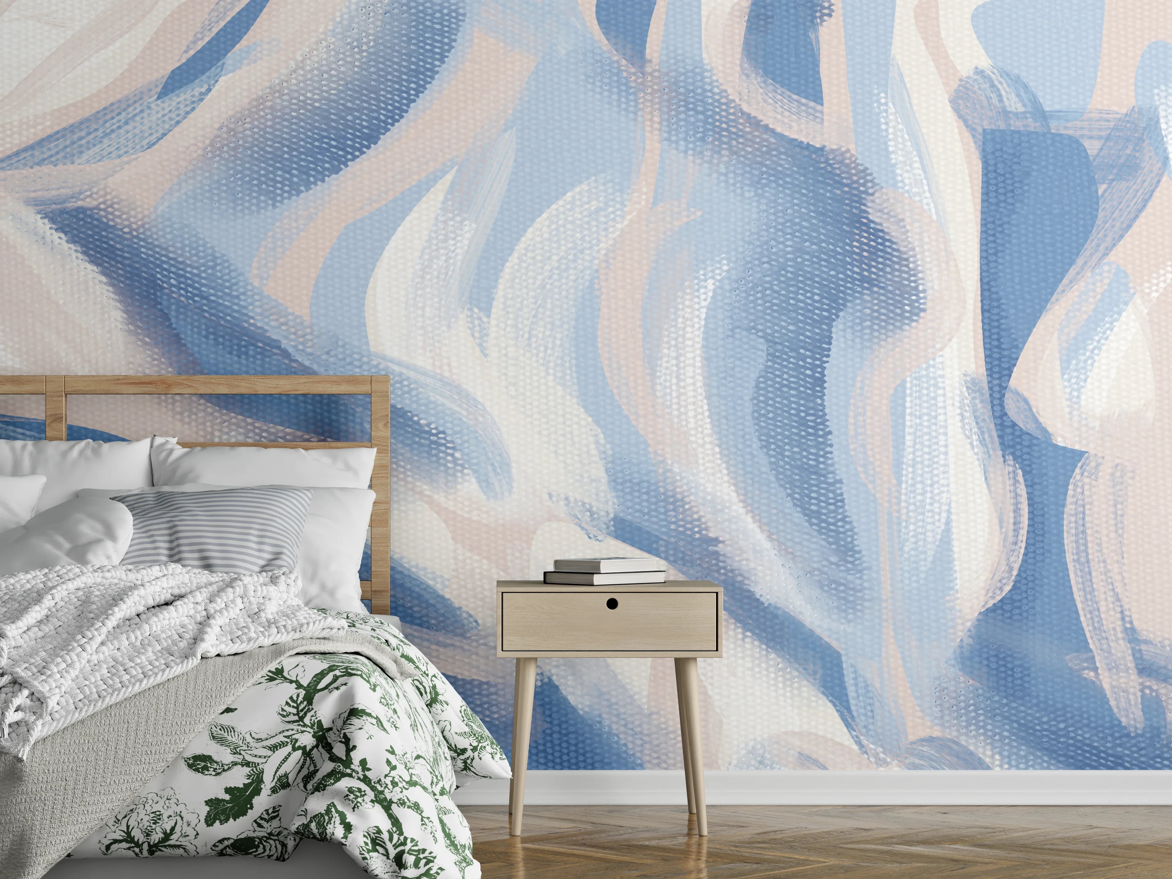 Wandverkleidung Schlafzimmer - Abstraktes Blau-Weiß Pastellmuster