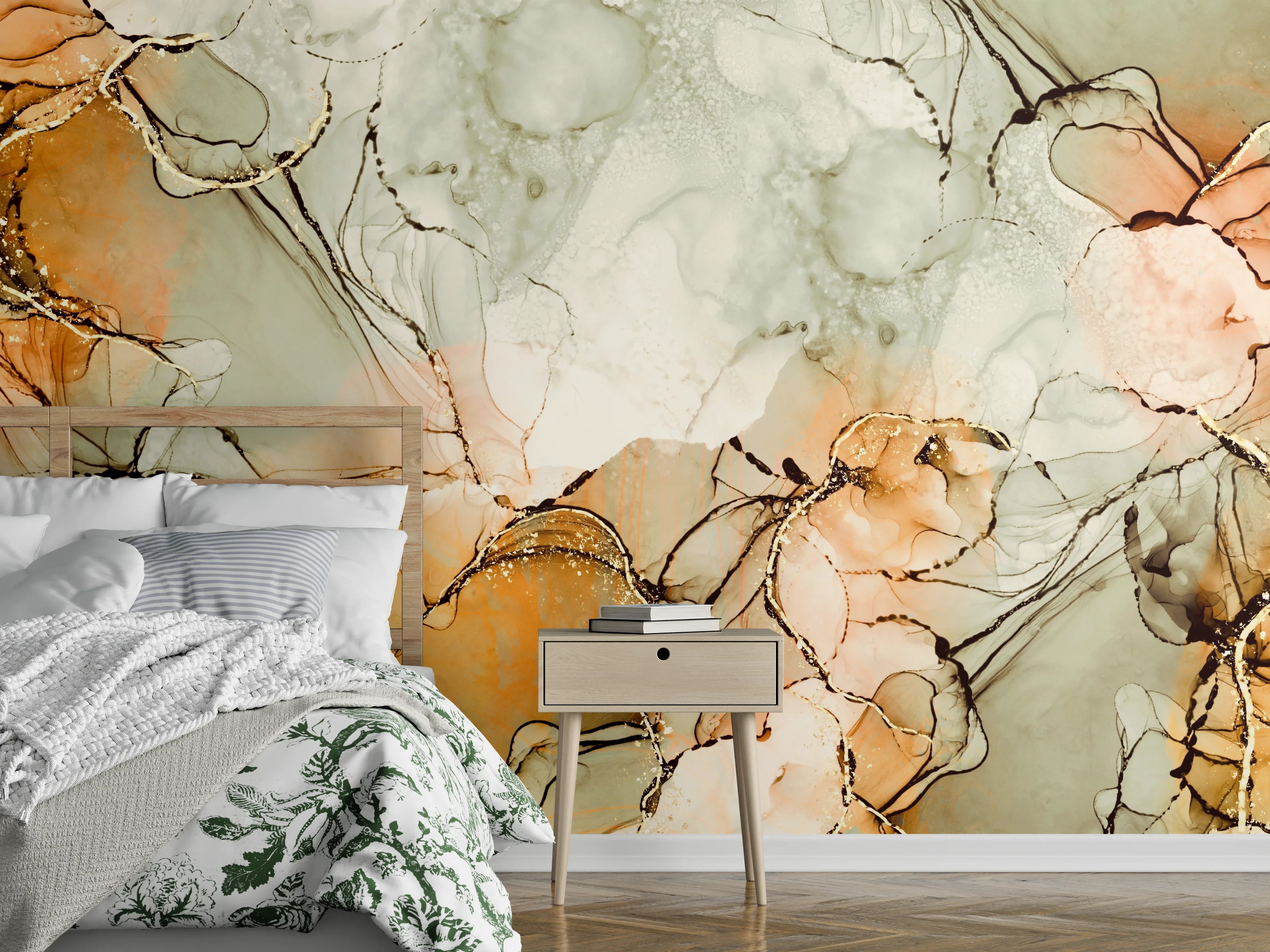 Wandverkleidung Schlafzimmer - Abstraktes Braun-Orange Marmor-Design