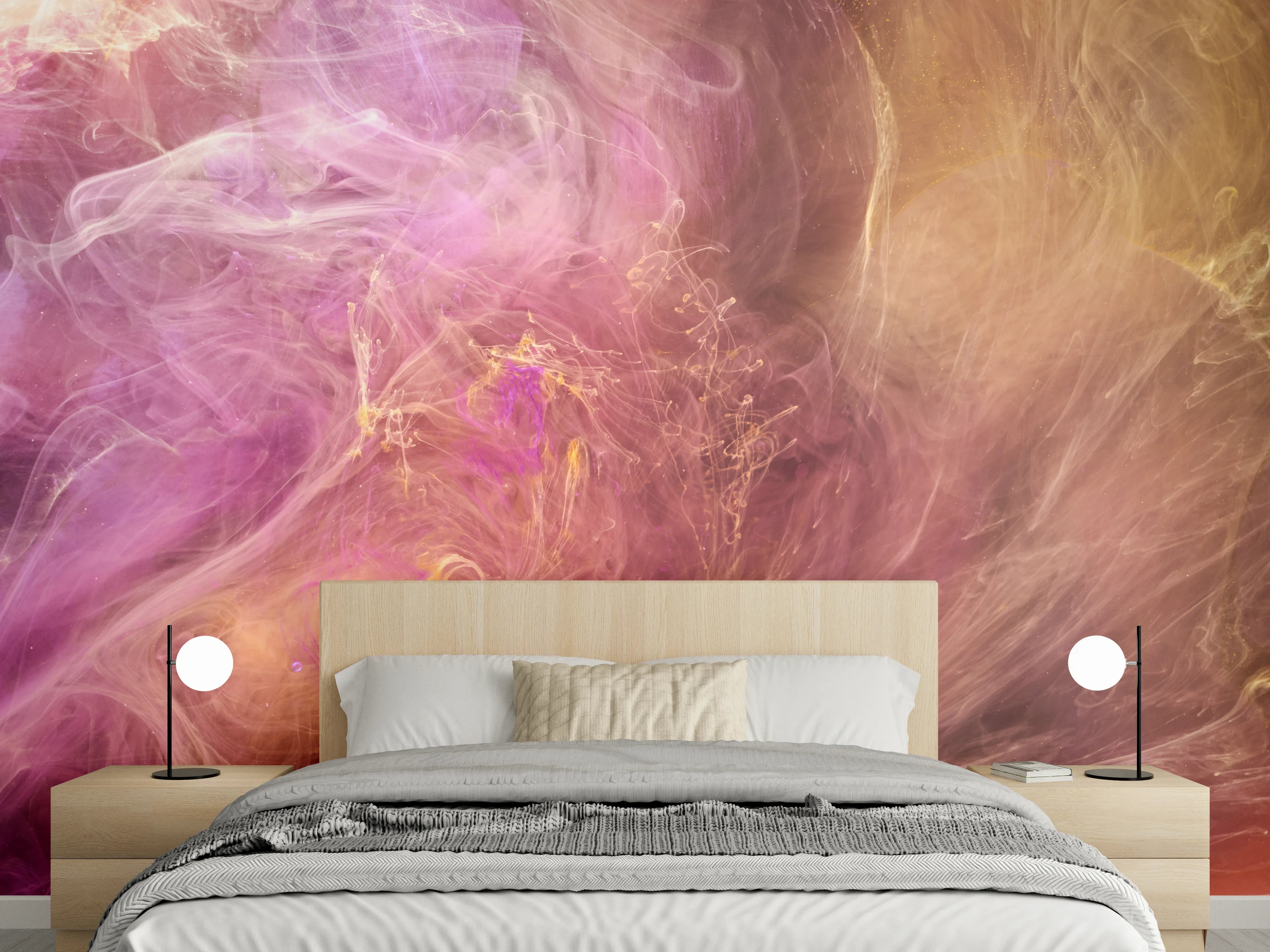Wandverkleidung Schlafzimmer - Abstraktes Farbenspiel in Rosa und Gelb