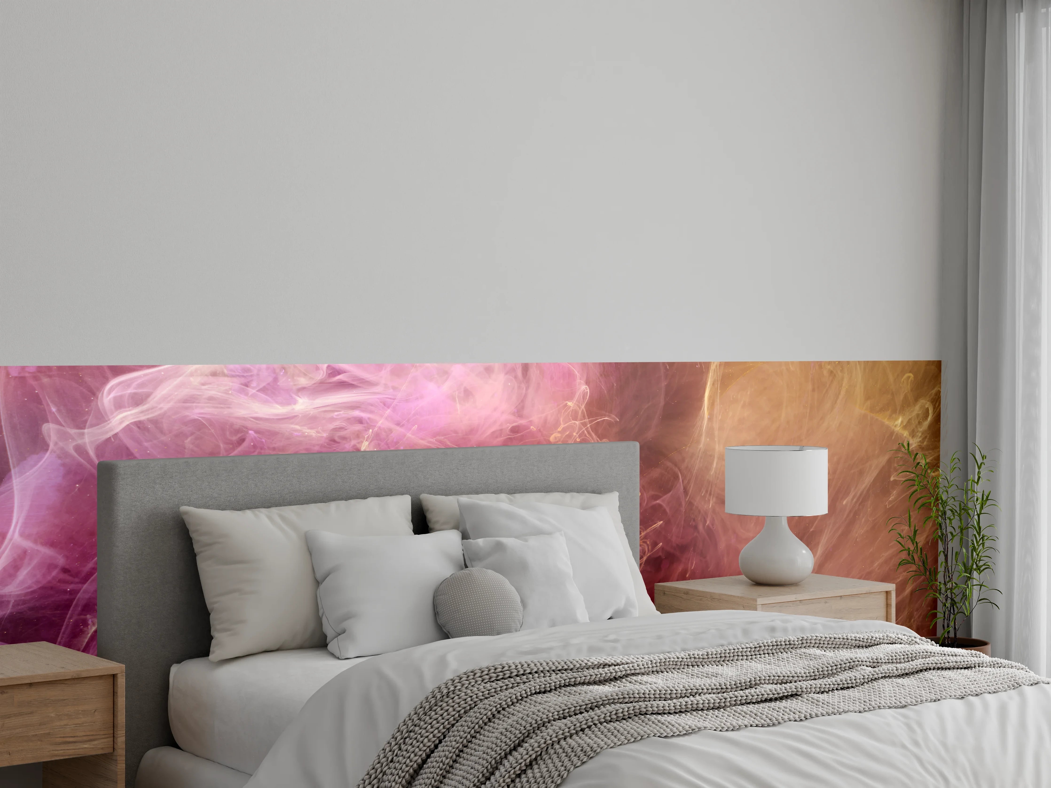 Wandverkleidung Schlafzimmer - Abstraktes Farbenspiel in Rosa und Gelb