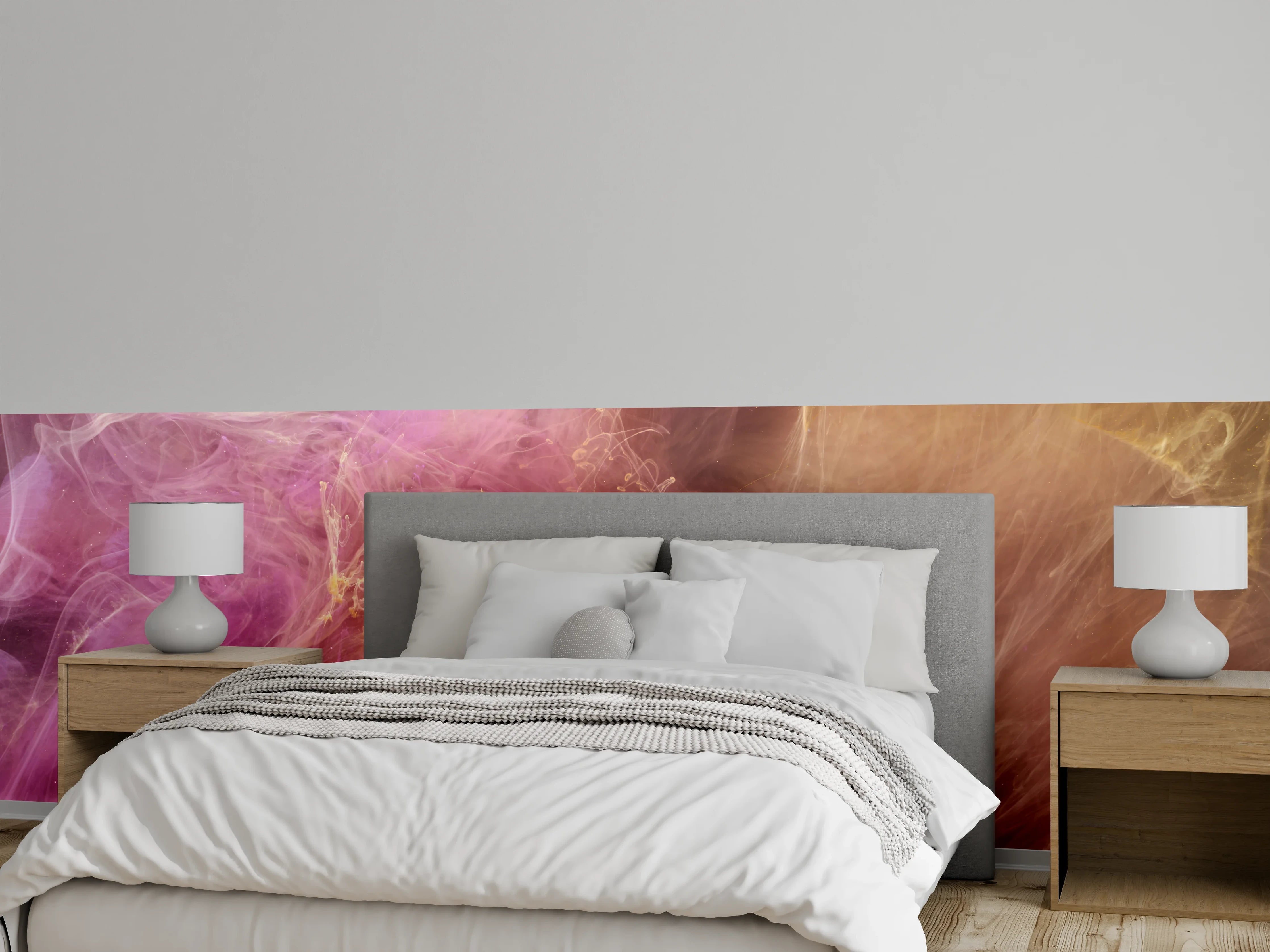 Wandverkleidung Schlafzimmer - Abstraktes Farbenspiel in Rosa und Gelb