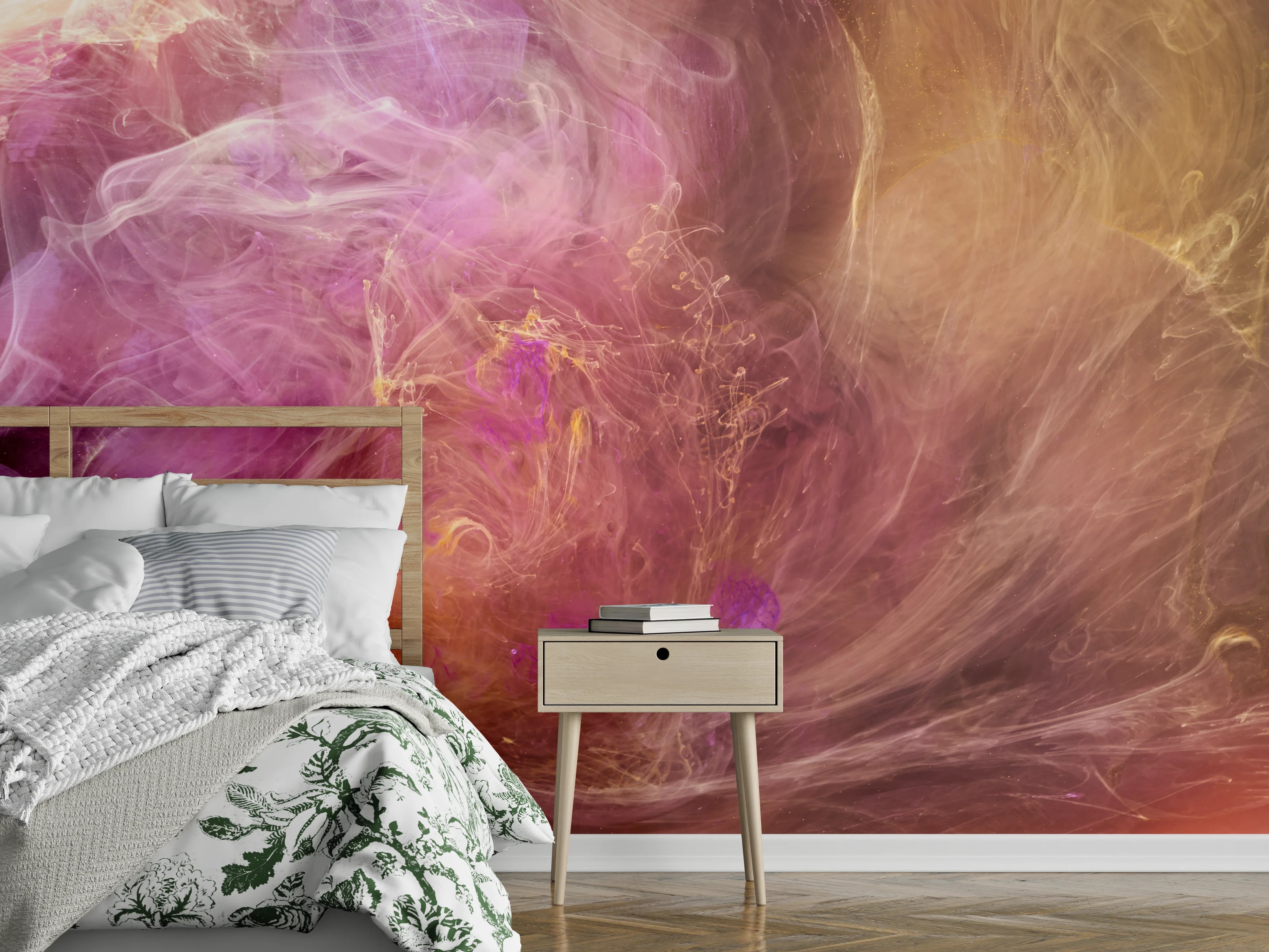 Wandverkleidung Schlafzimmer - Abstraktes Farbenspiel in Rosa und Gelb
