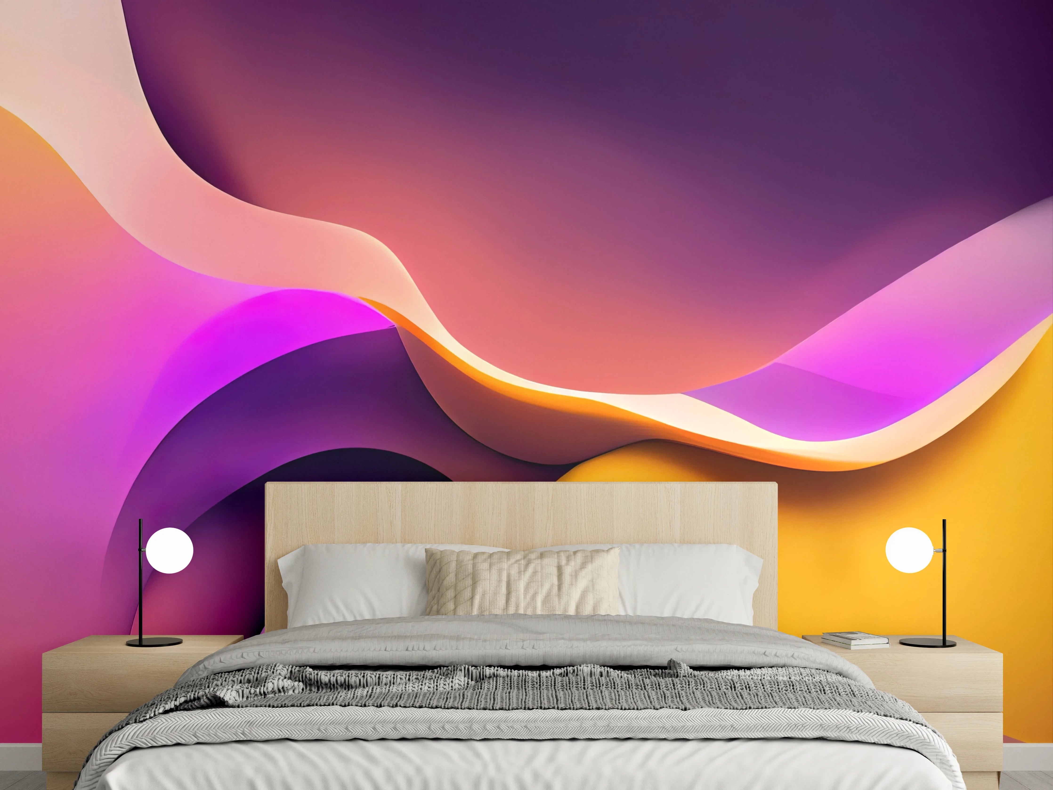 Wandverkleidung Schlafzimmer - Abstraktes Farbspiel in Gelb und Violett