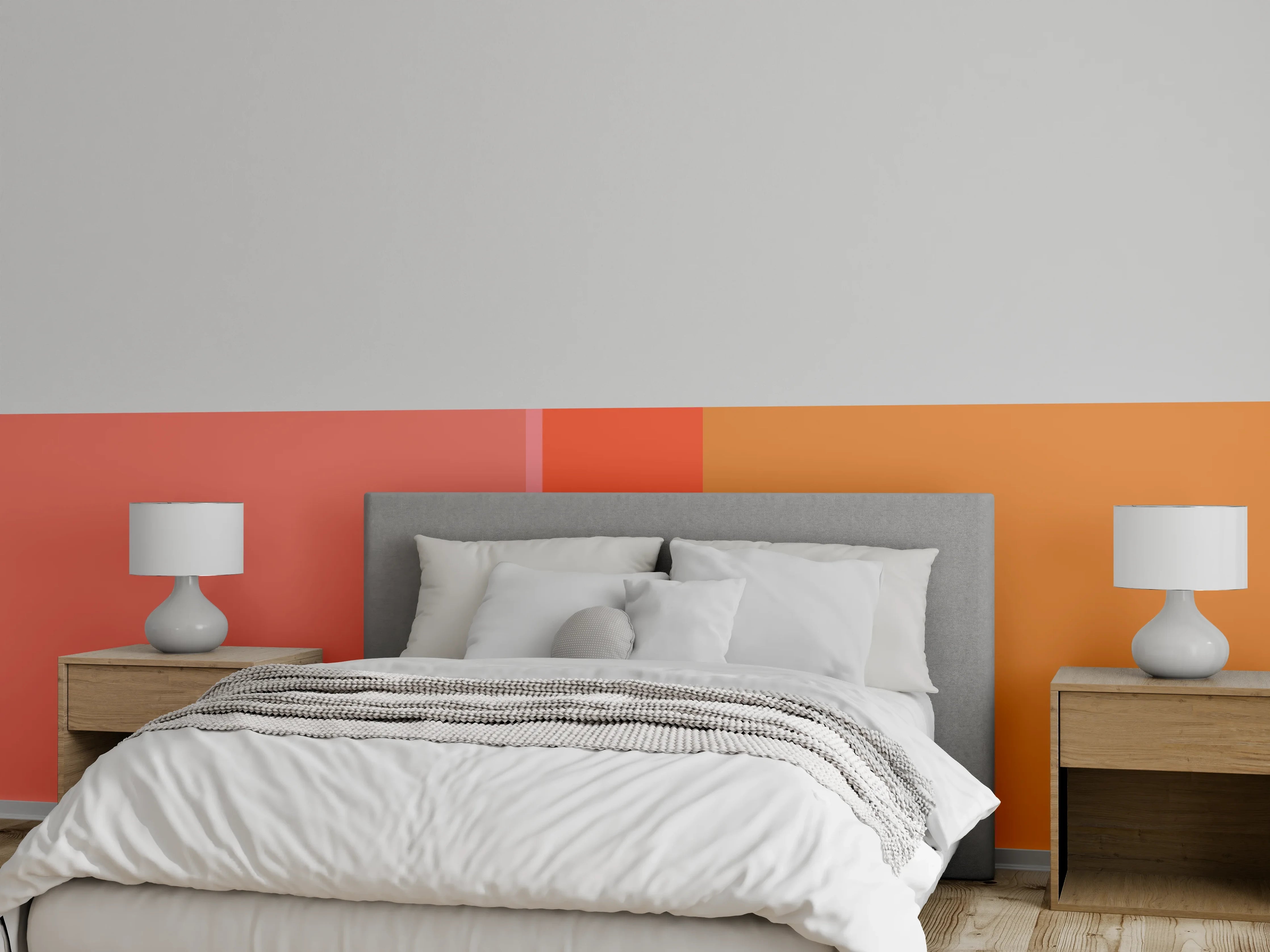 Wandverkleidung Schlafzimmer - Abstraktes Farbspiel in Orange und Rosa