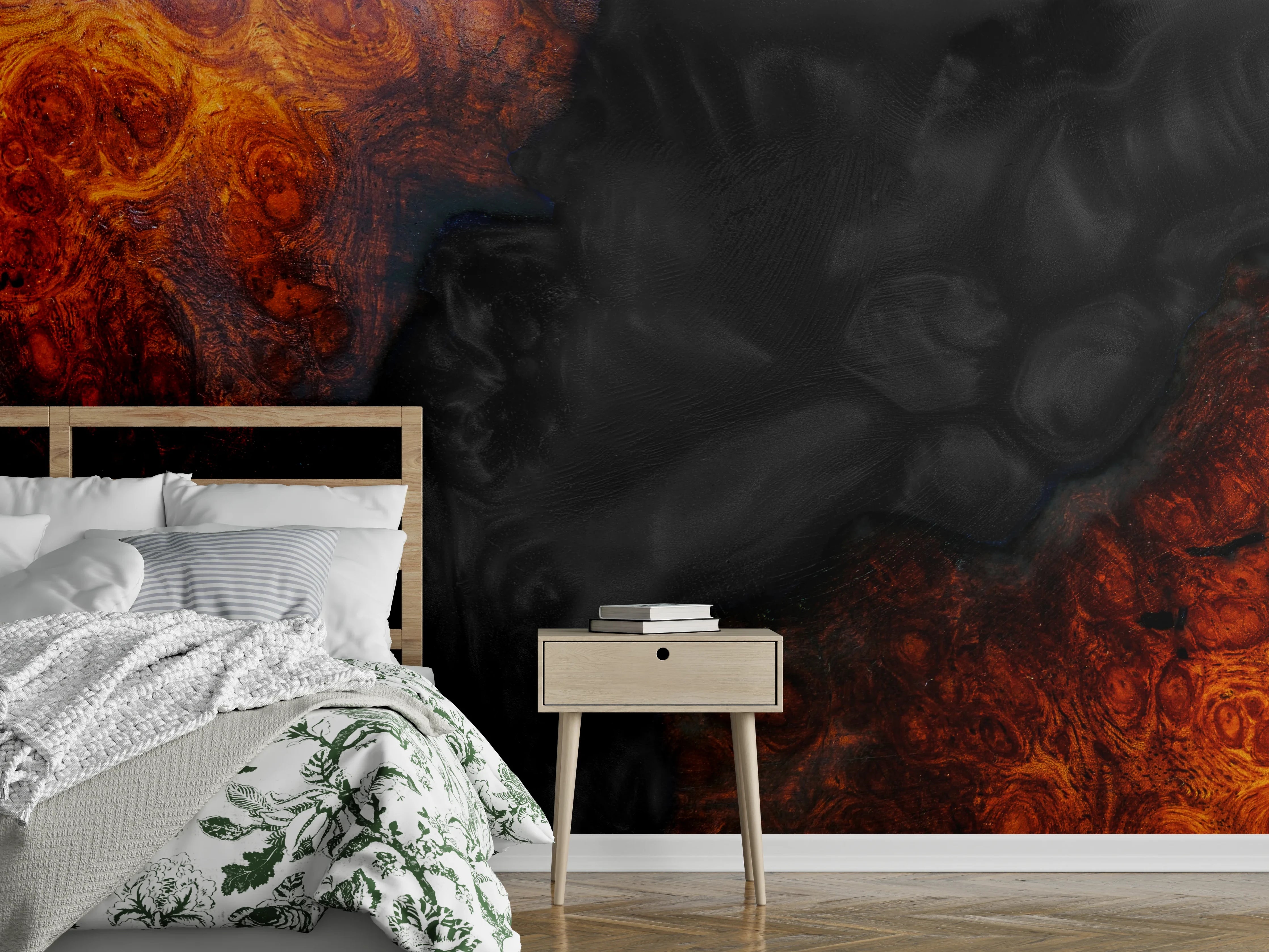 Wandverkleidung Schlafzimmer - Abstraktes Feuer-Marmor Wandbild