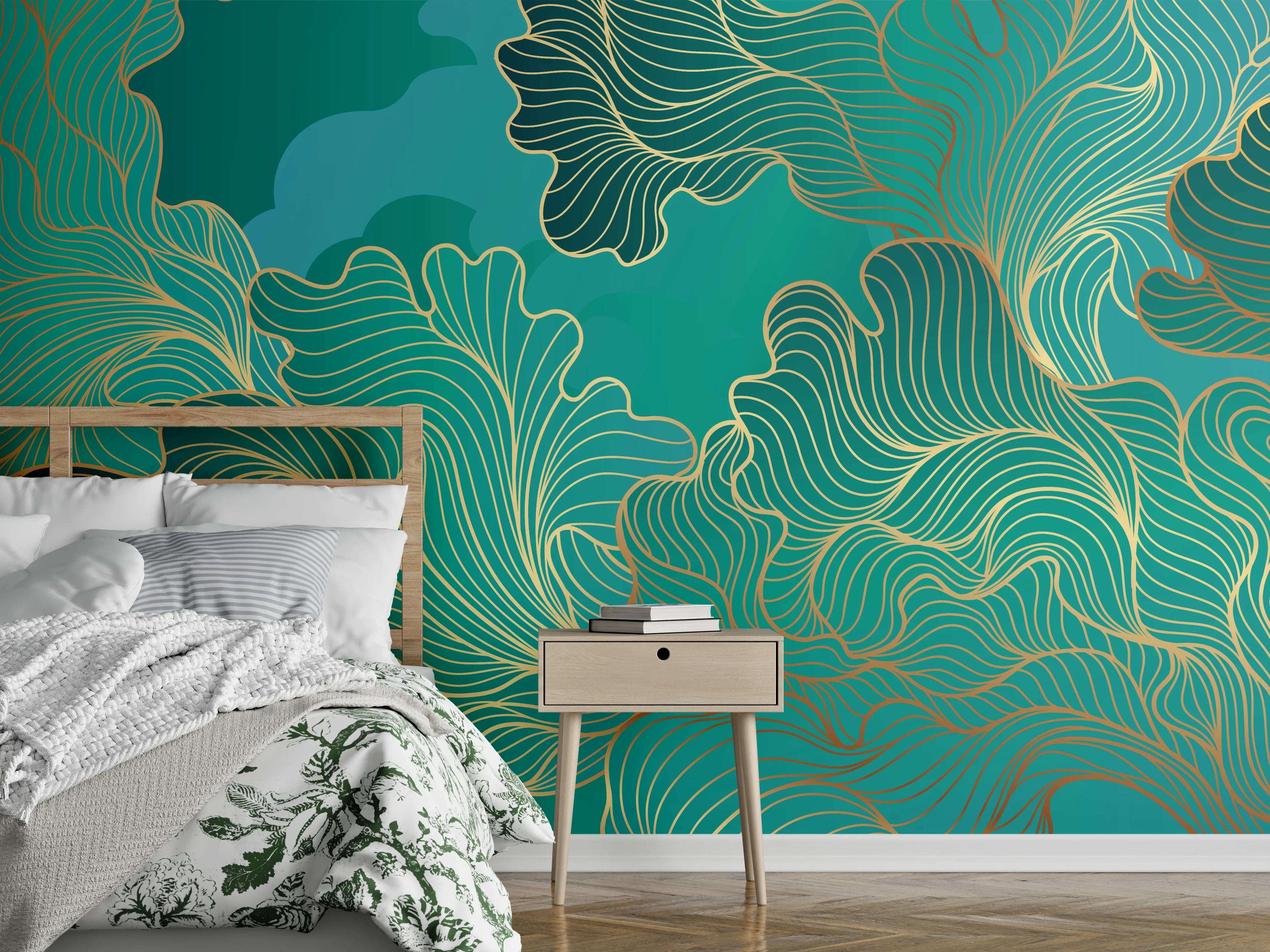 Wandverkleidung Schlafzimmer - Abstraktes Grüntöne-Gold-Lineart